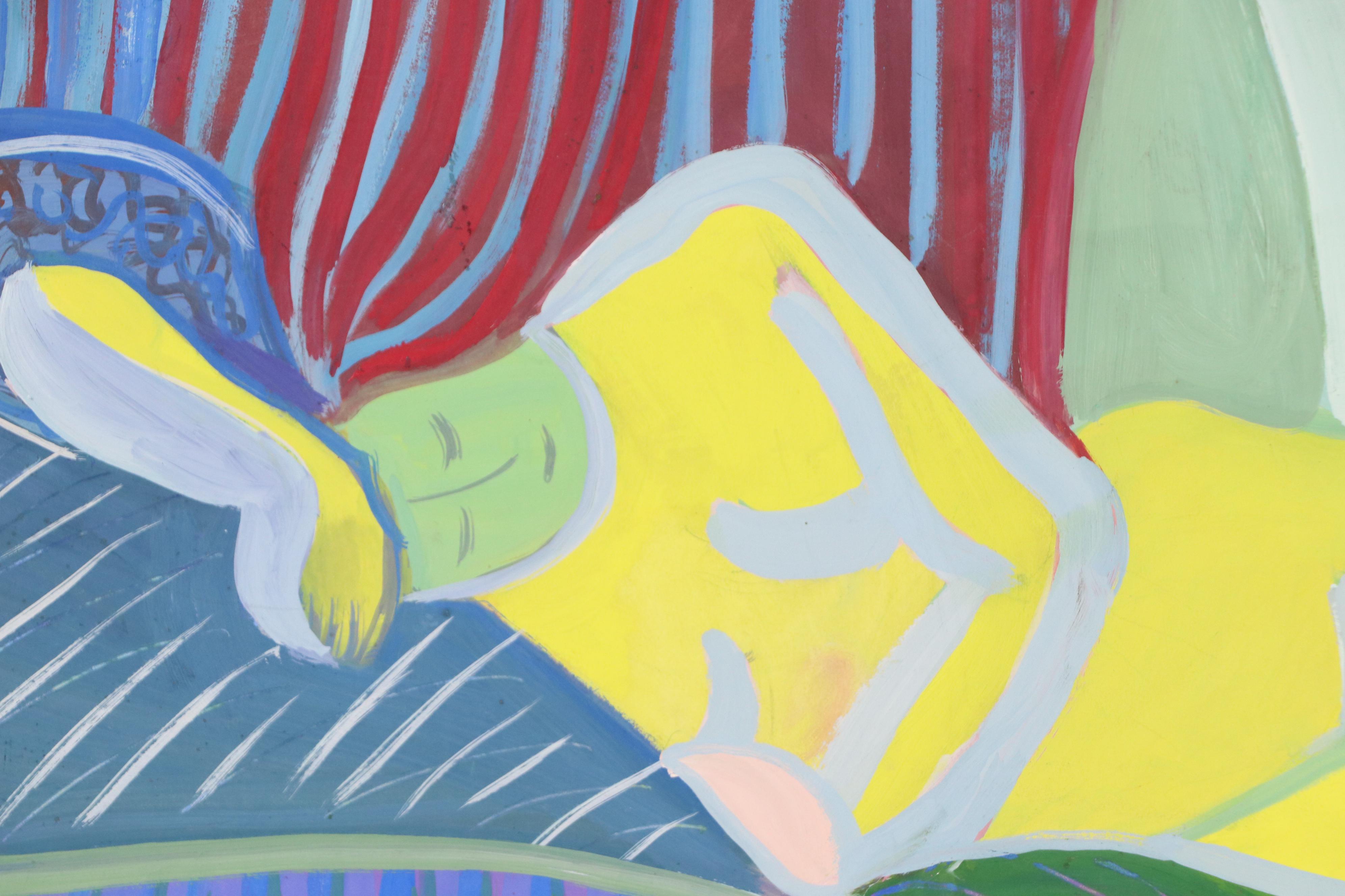 Stylized Acrylic Painting of Lounging Figure With Fruit Bowl and Guitar