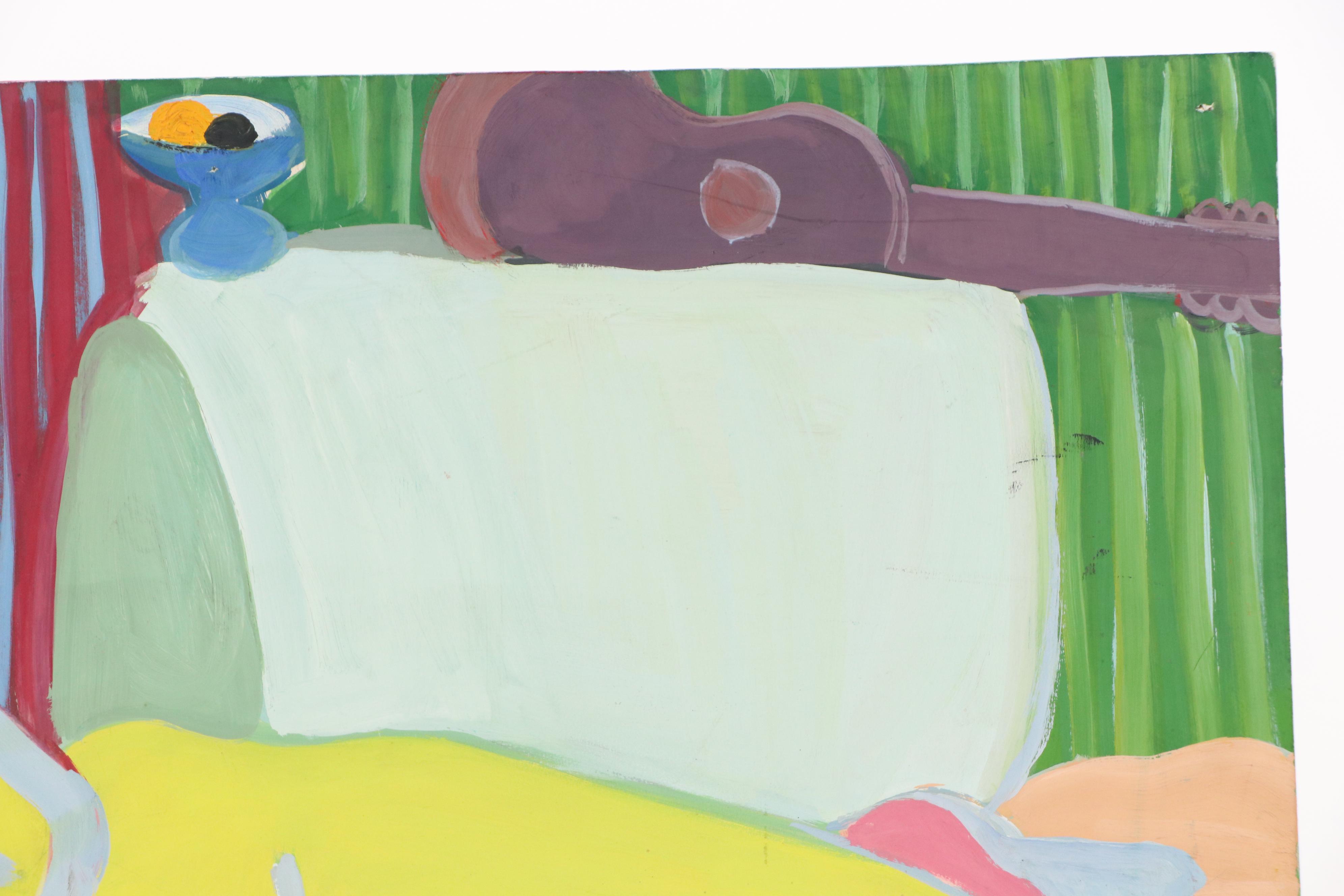 Stylized Acrylic Painting of Lounging Figure With Fruit Bowl and Guitar