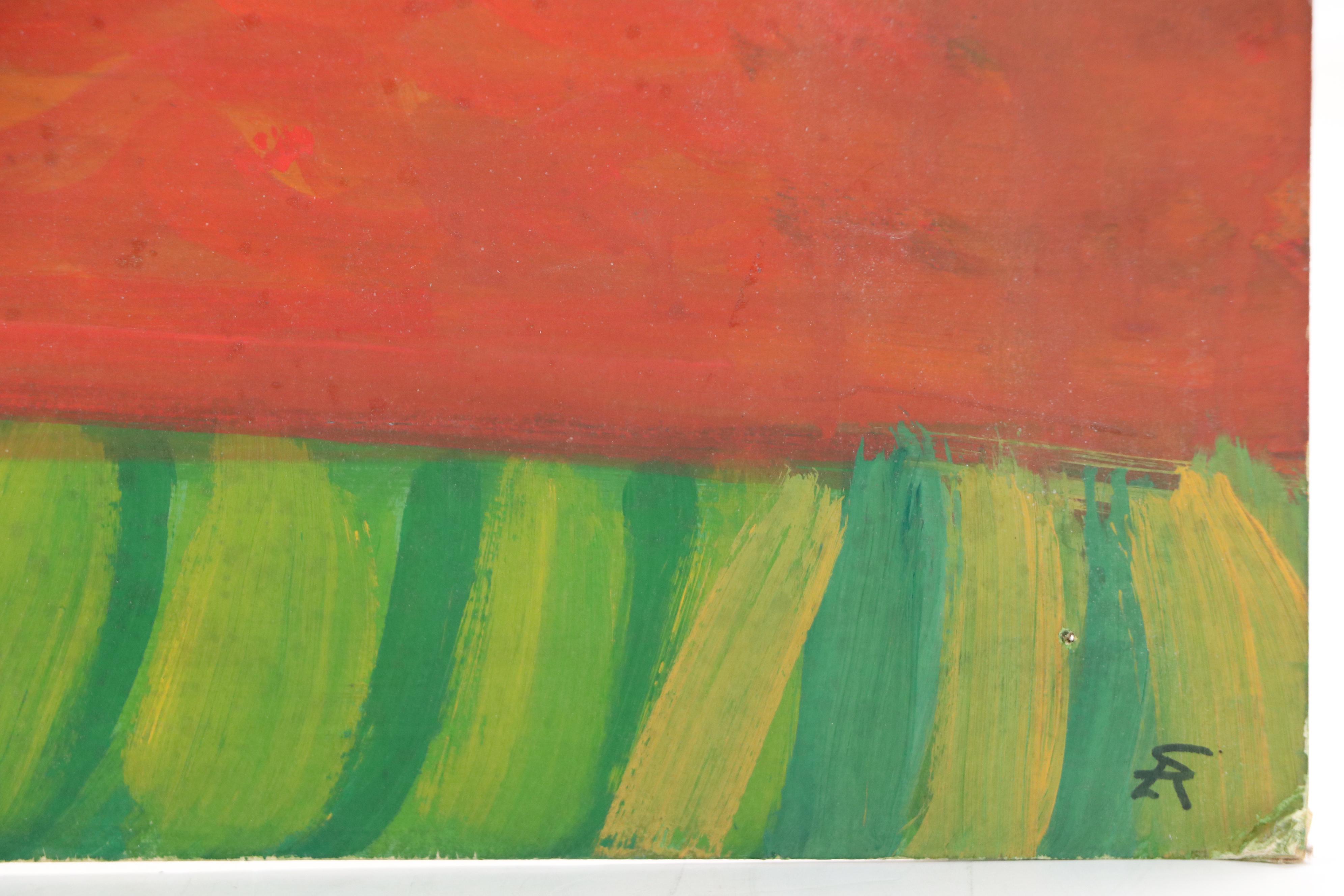 Stylized Acrylic Painting of Lounging Figure With Fruit Bowl and Guitar