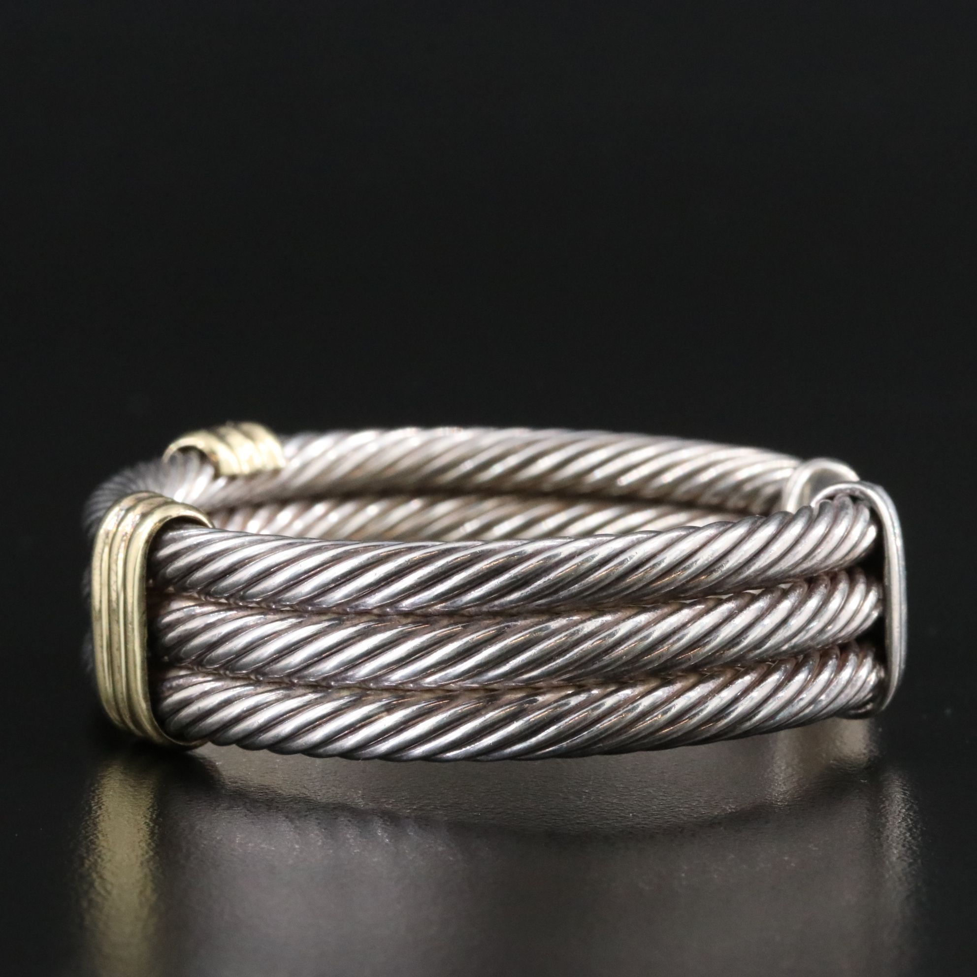 David Yurman Sterling and 14K Triple Cable Cuff with 14K Stations