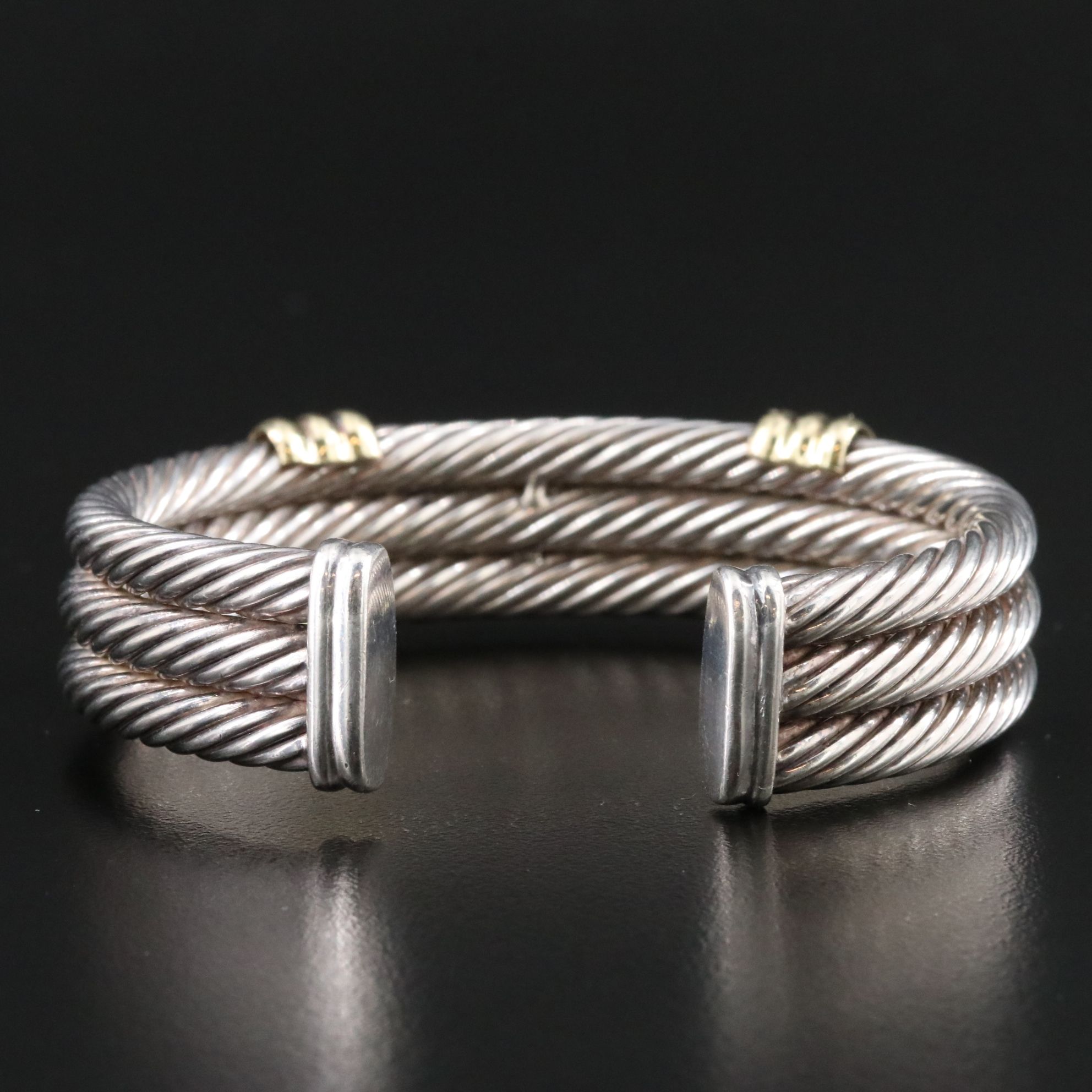 David Yurman Sterling and 14K Triple Cable Cuff with 14K Stations