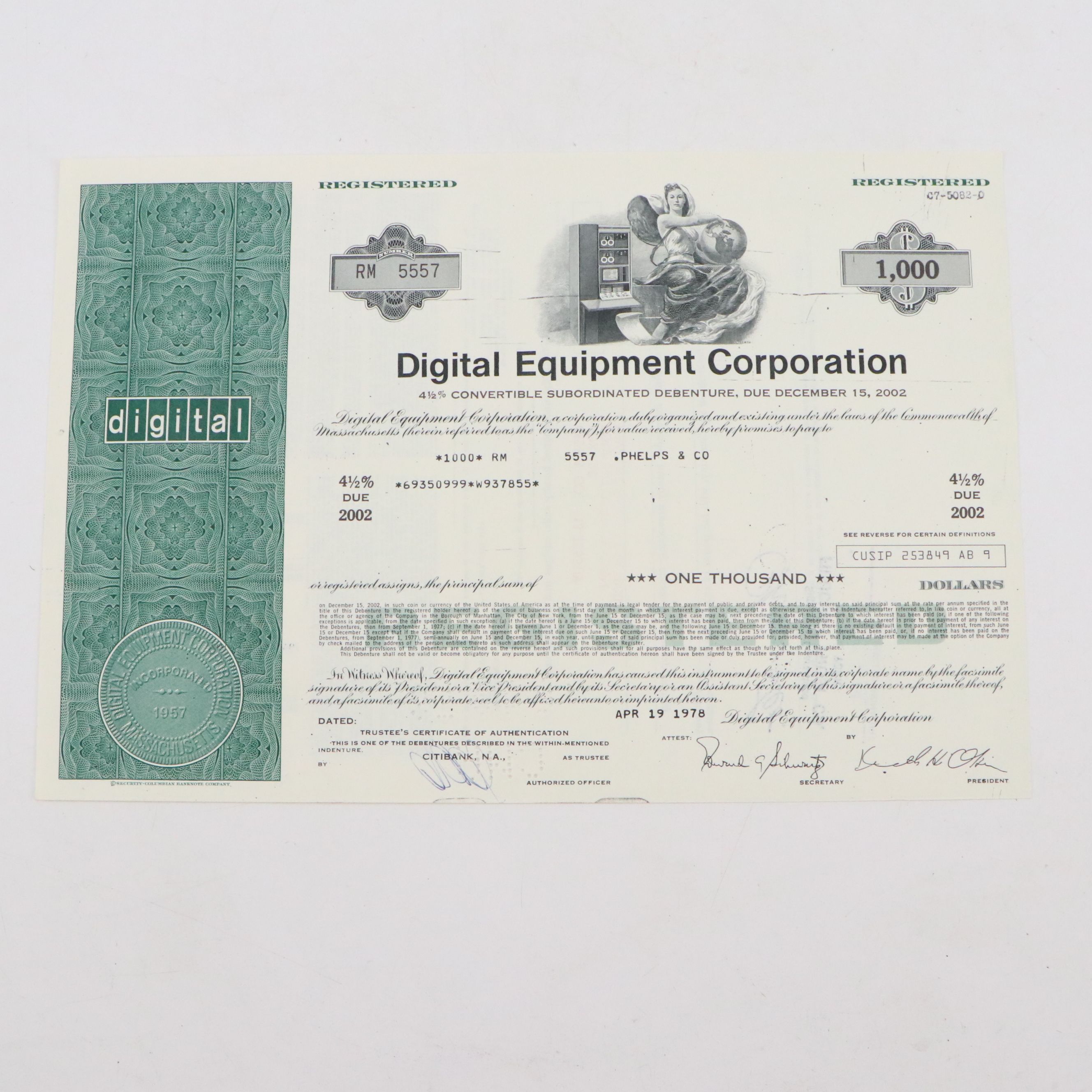 Digital Equipment Corporation 1,000 Shares Stock Certificate, 1978