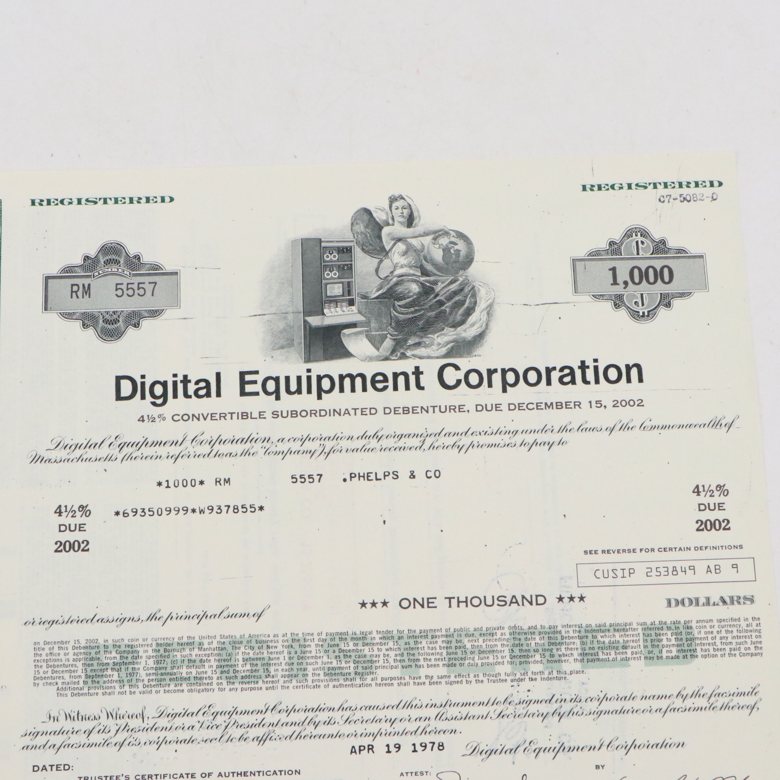 Digital Equipment Corporation 1,000 Shares Stock Certificate, 1978