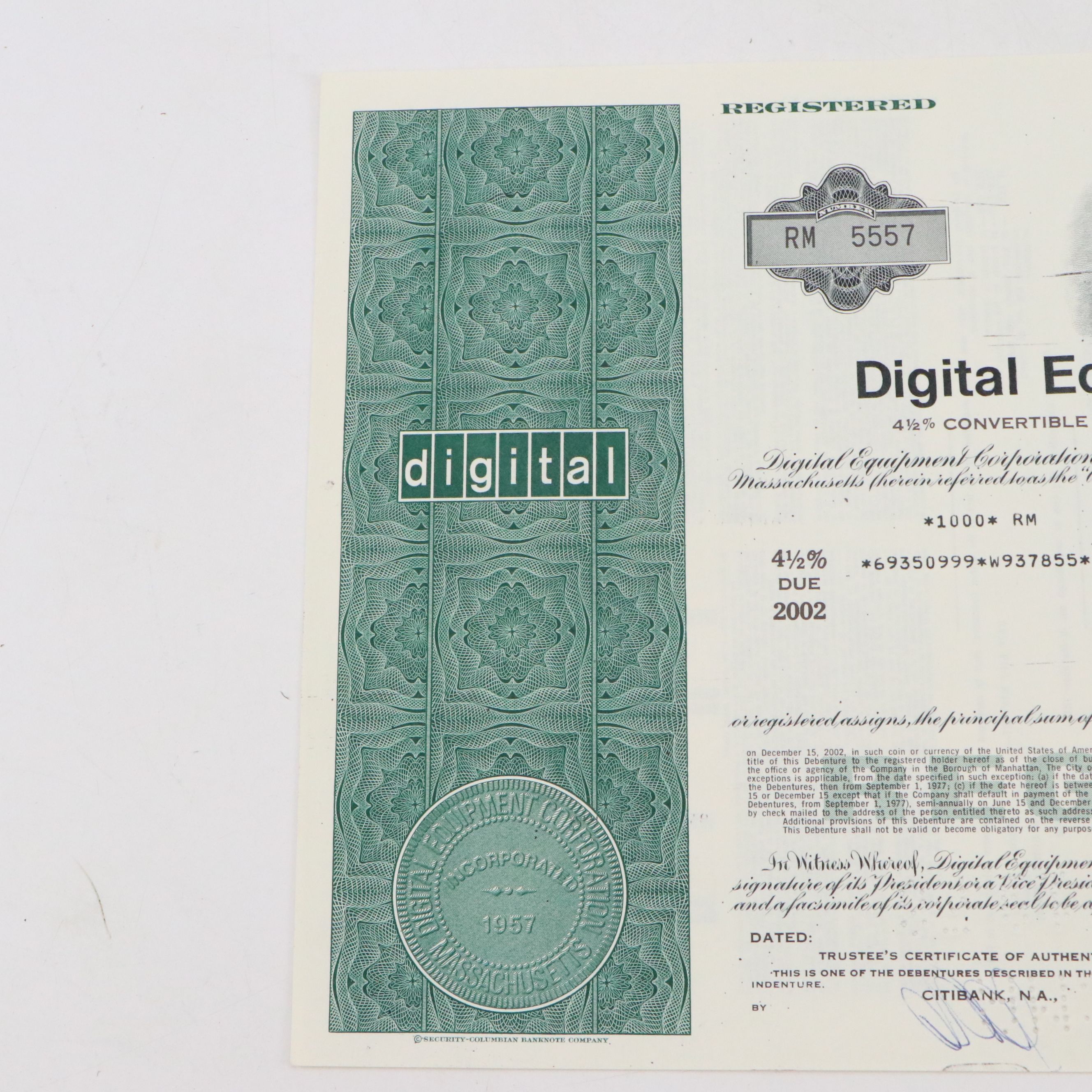 Digital Equipment Corporation 1,000 Shares Stock Certificate, 1978