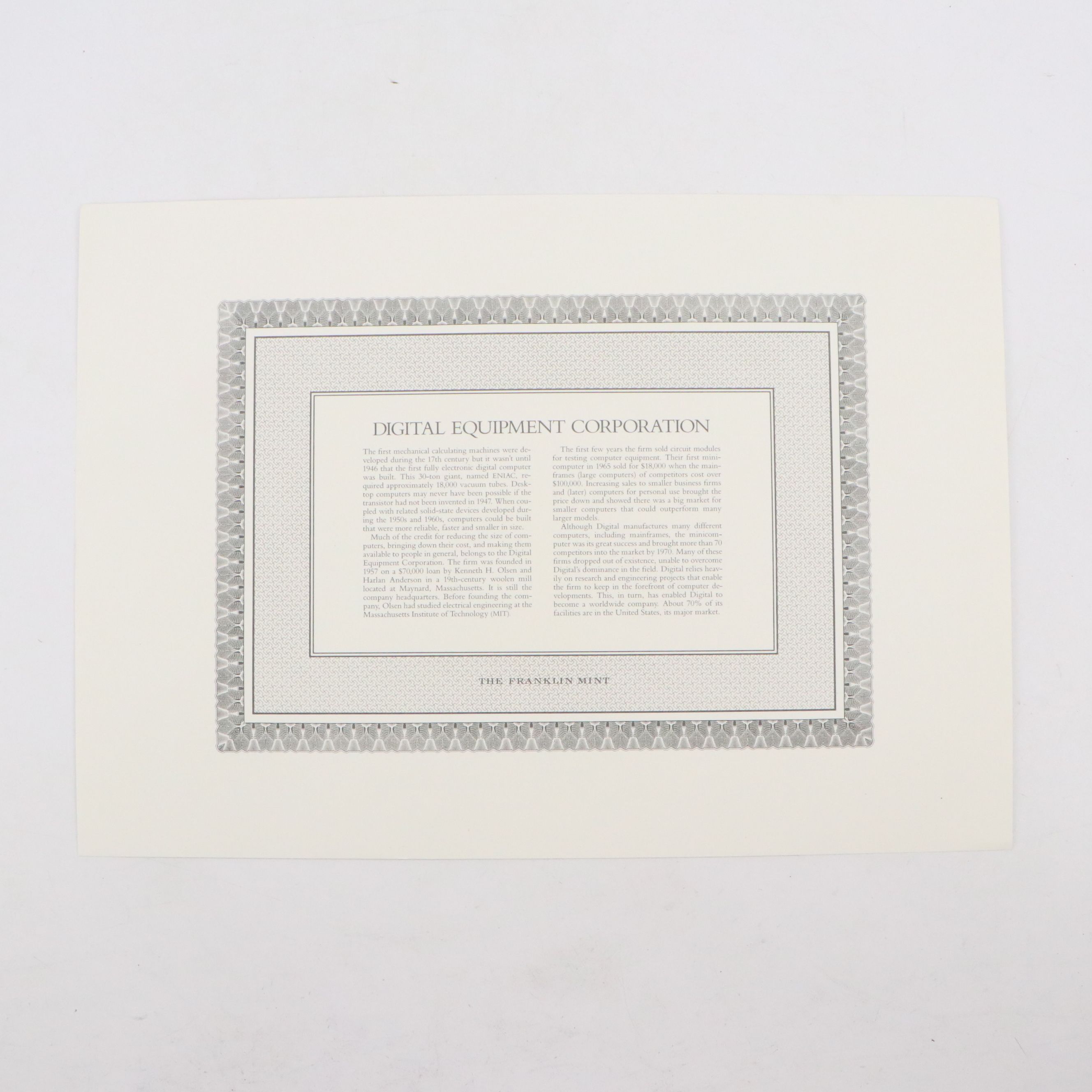 Digital Equipment Corporation 1,000 Shares Stock Certificate, 1978