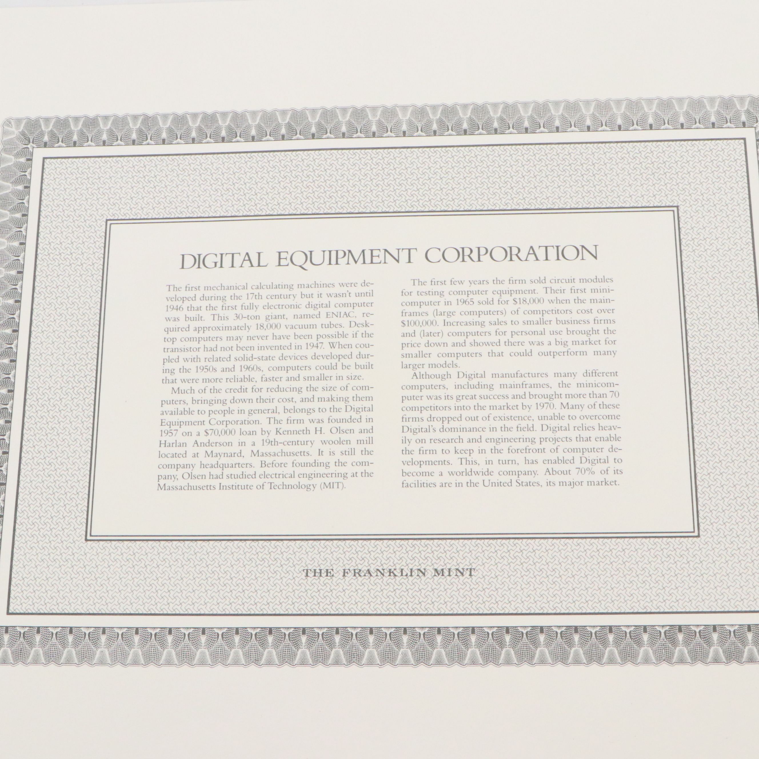 Digital Equipment Corporation 1,000 Shares Stock Certificate, 1978