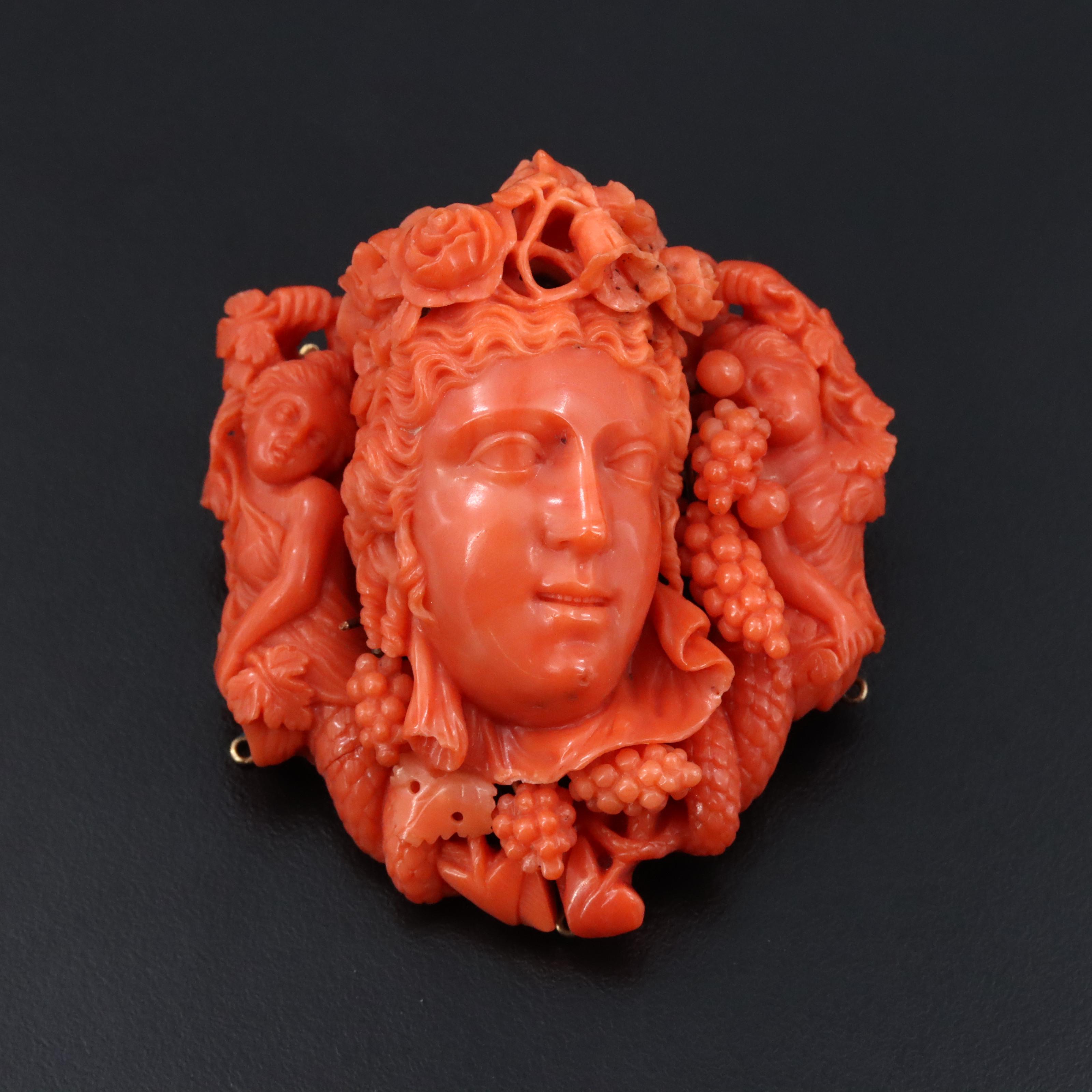 Victorian Greco-Roman Revival 10K Coral Dionysus and Maenad Brooch