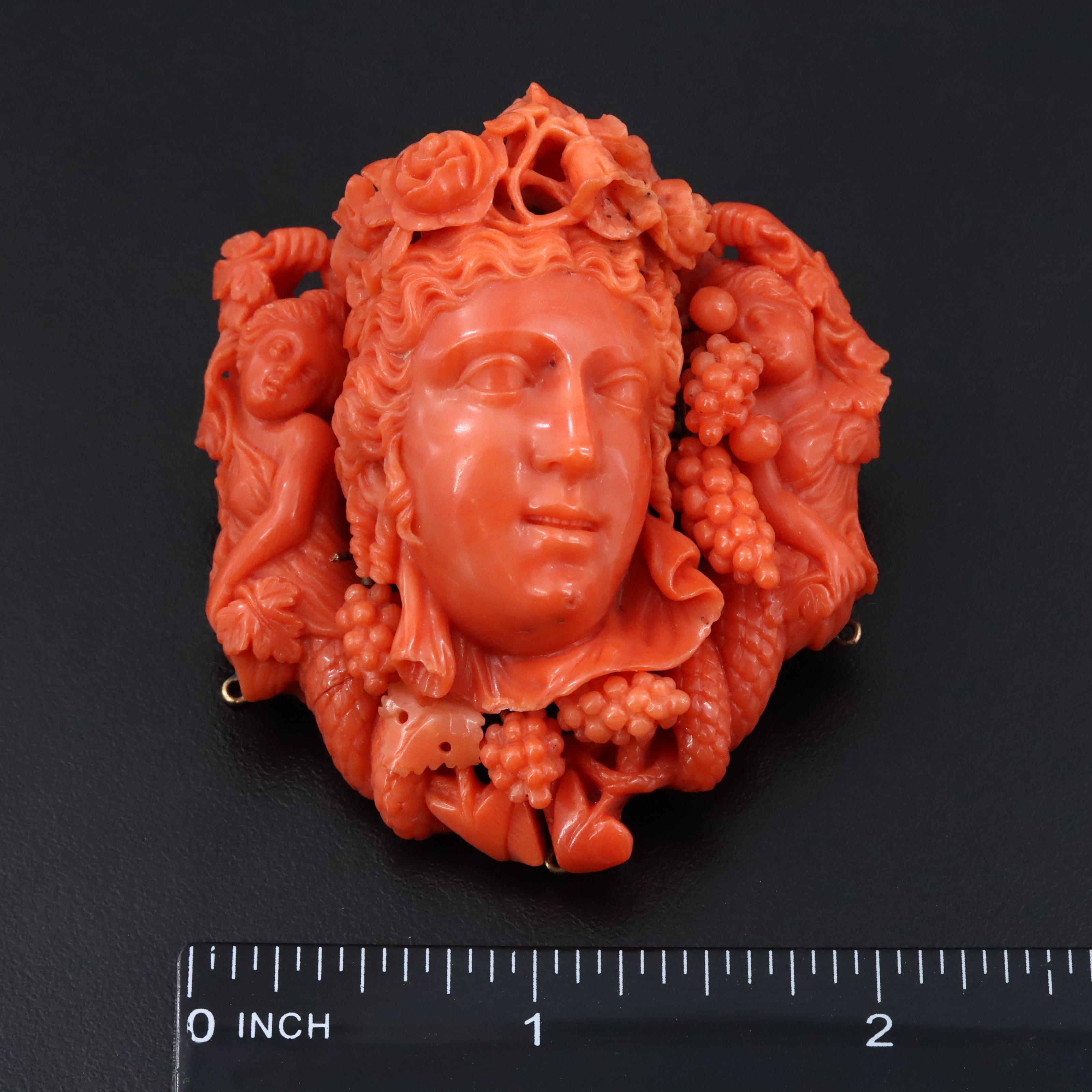 Victorian Greco-Roman Revival 10K Coral Dionysus and Maenad Brooch
