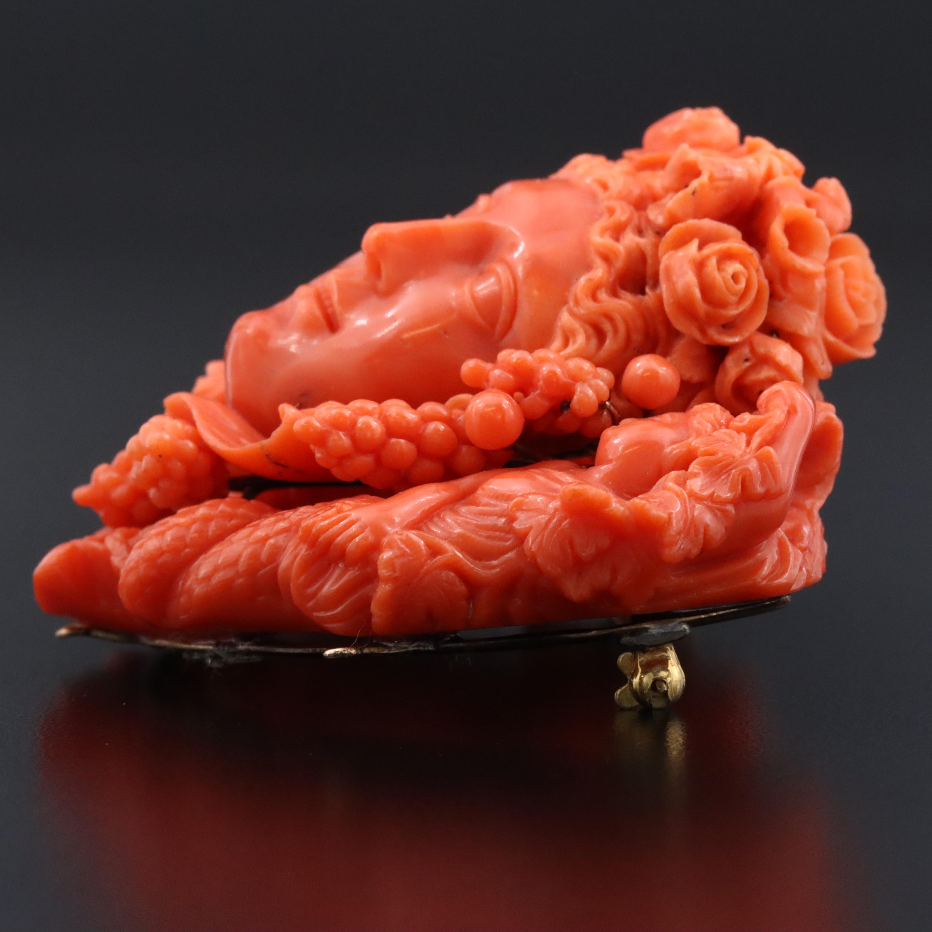 Victorian Greco-Roman Revival 10K Coral Dionysus and Maenad Brooch