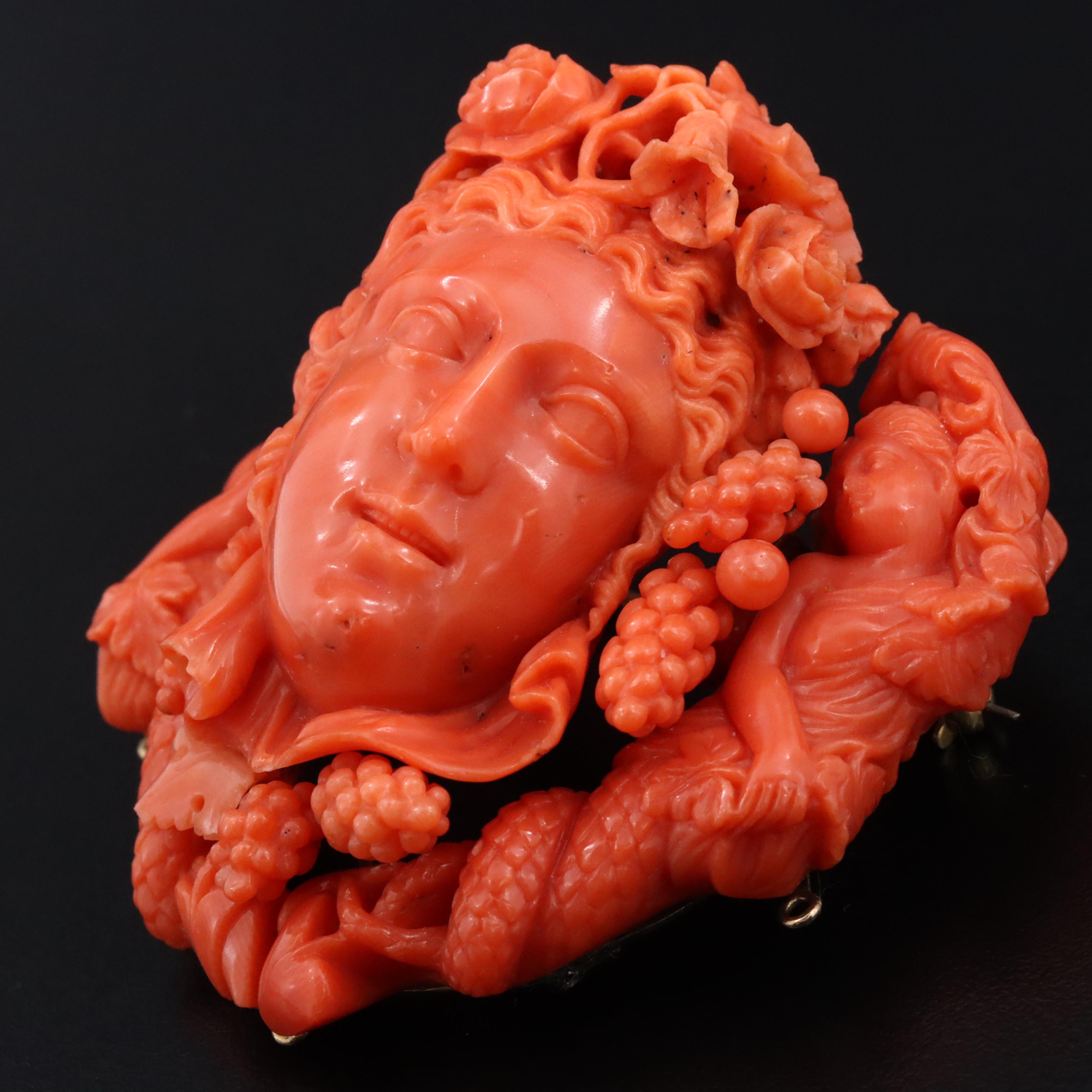 Victorian Greco-Roman Revival 10K Coral Dionysus and Maenad Brooch