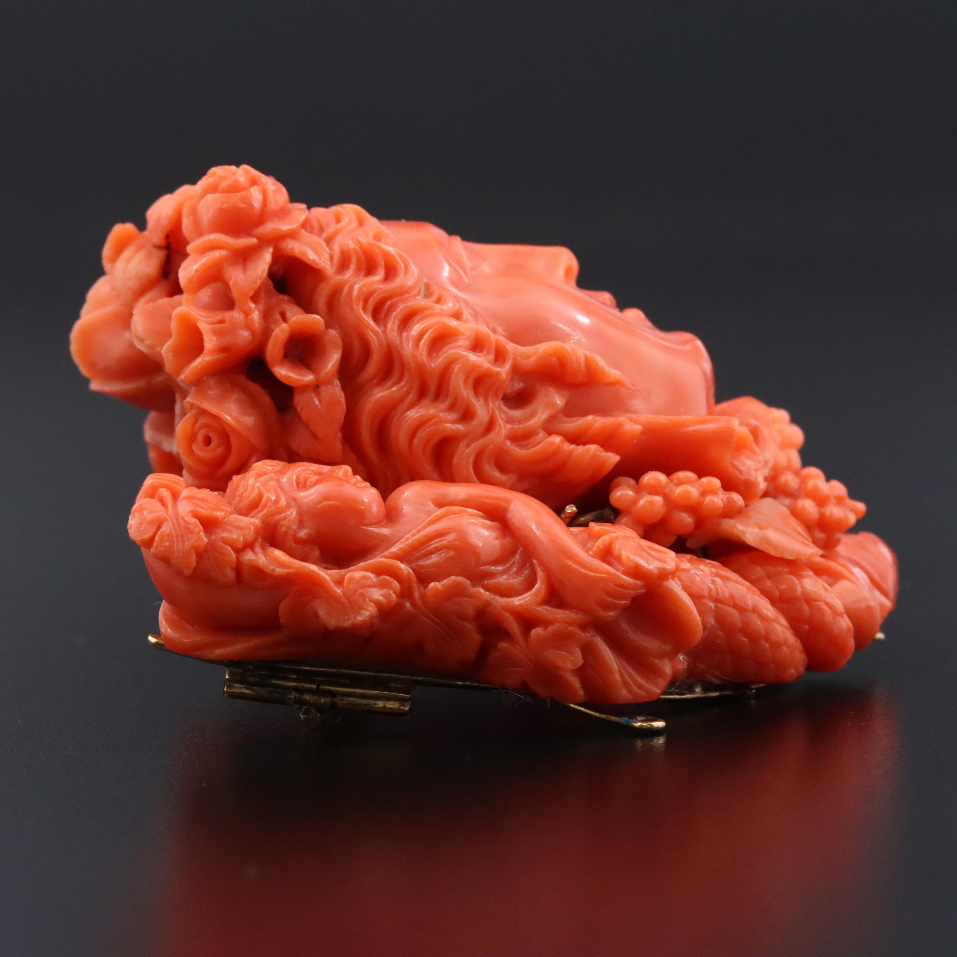 Victorian Greco-Roman Revival 10K Coral Dionysus and Maenad Brooch