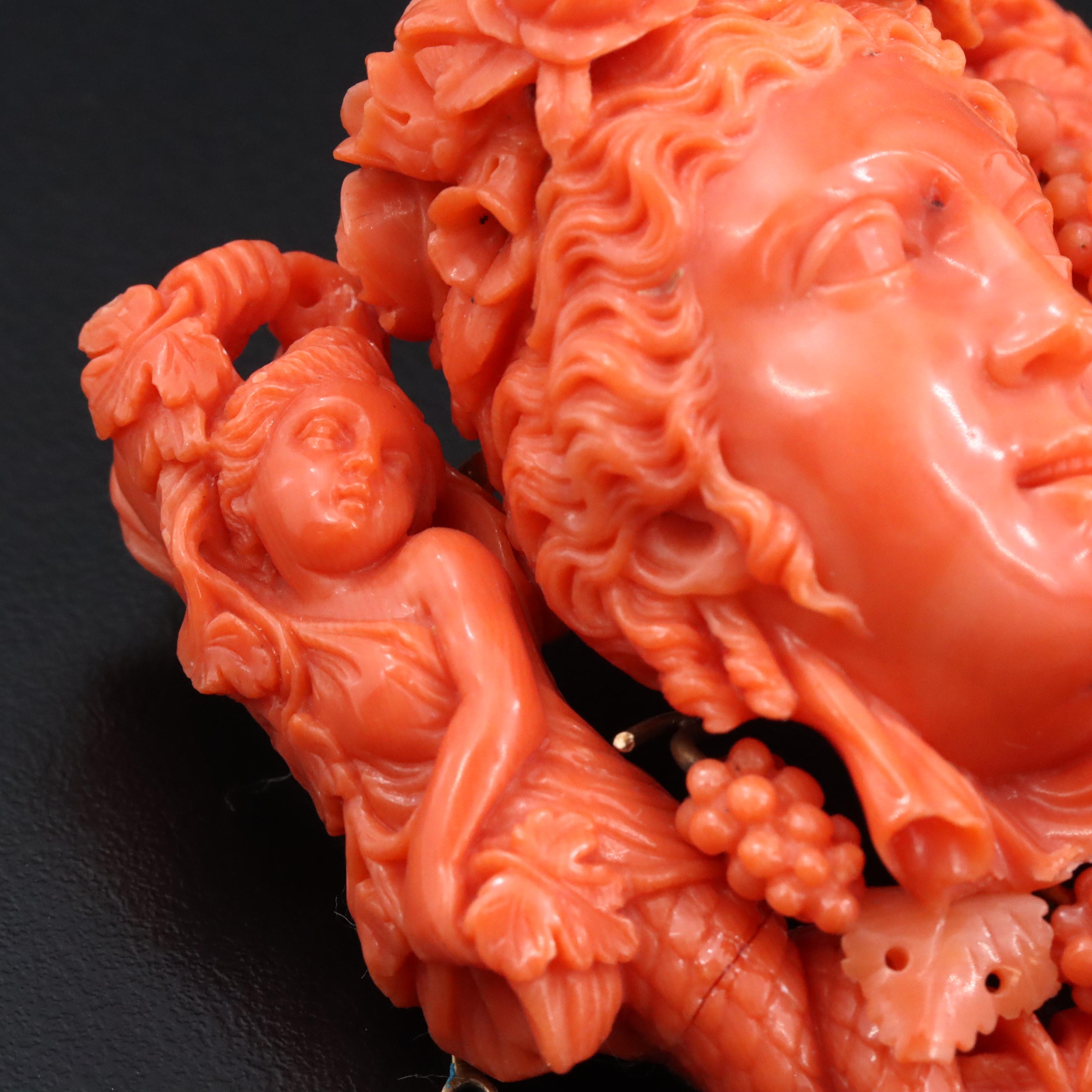 Victorian Greco-Roman Revival 10K Coral Dionysus and Maenad Brooch