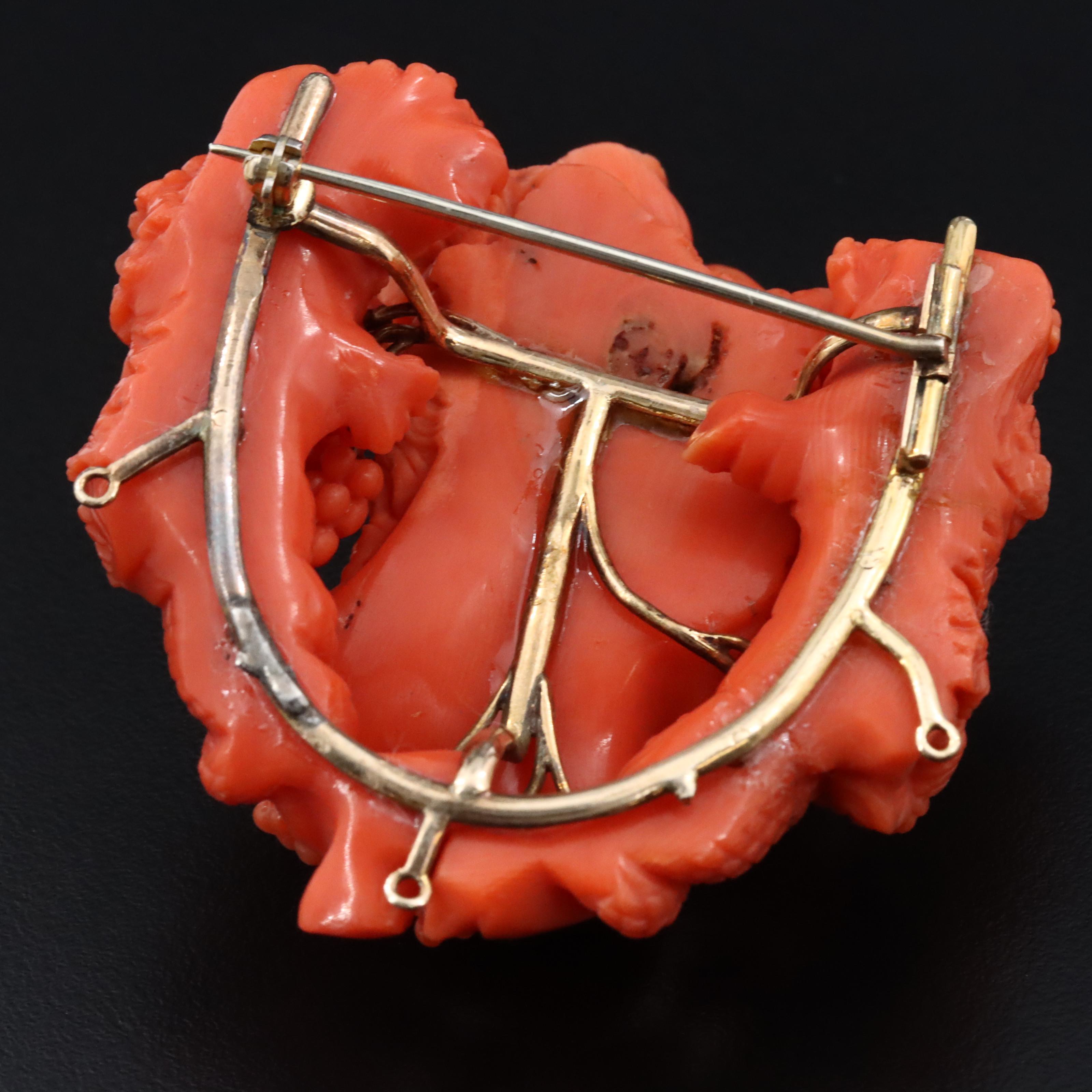 Victorian Greco-Roman Revival 10K Coral Dionysus and Maenad Brooch