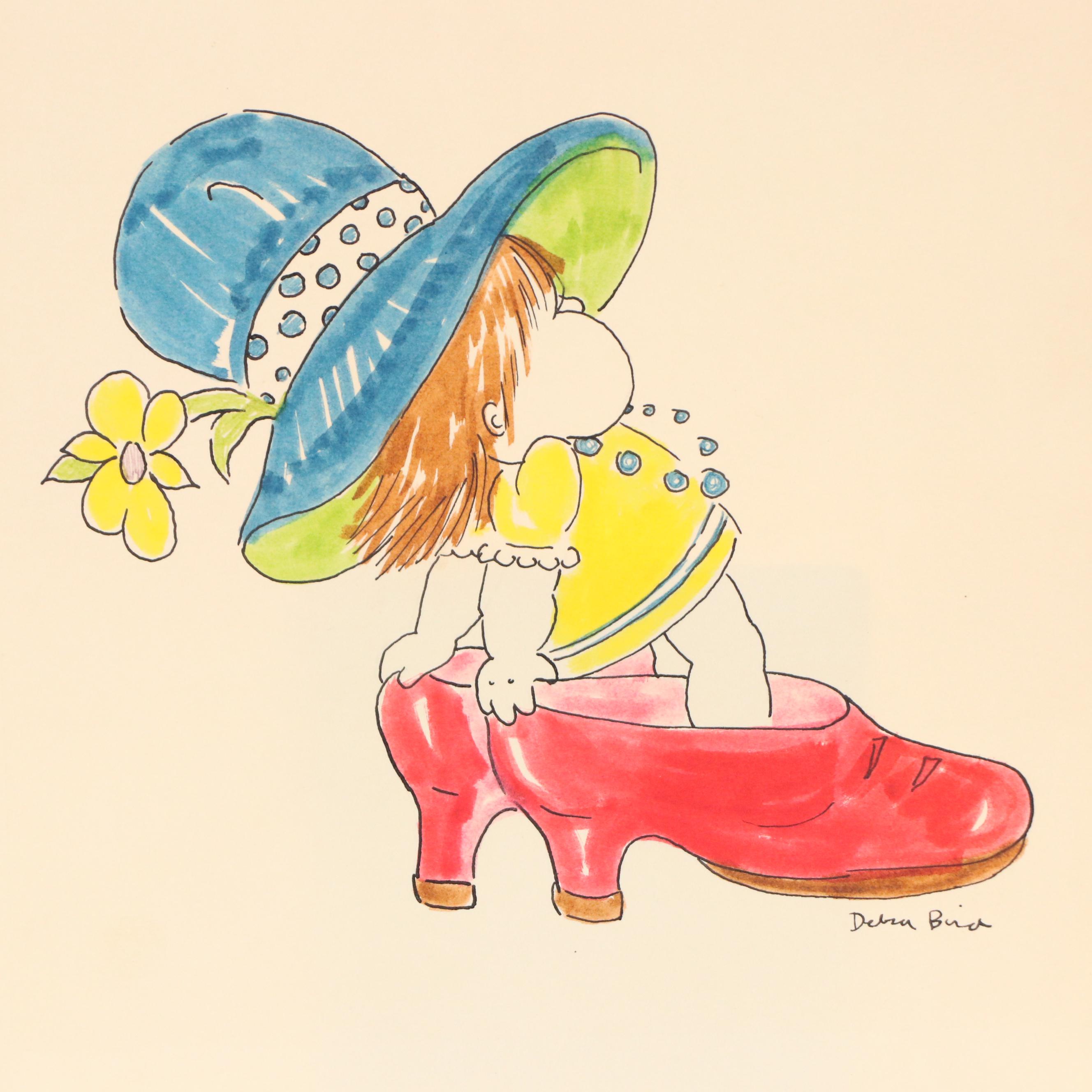 Debra Bird Cartoon Illustration of Girl in Over-Sized Hat and Shoes
