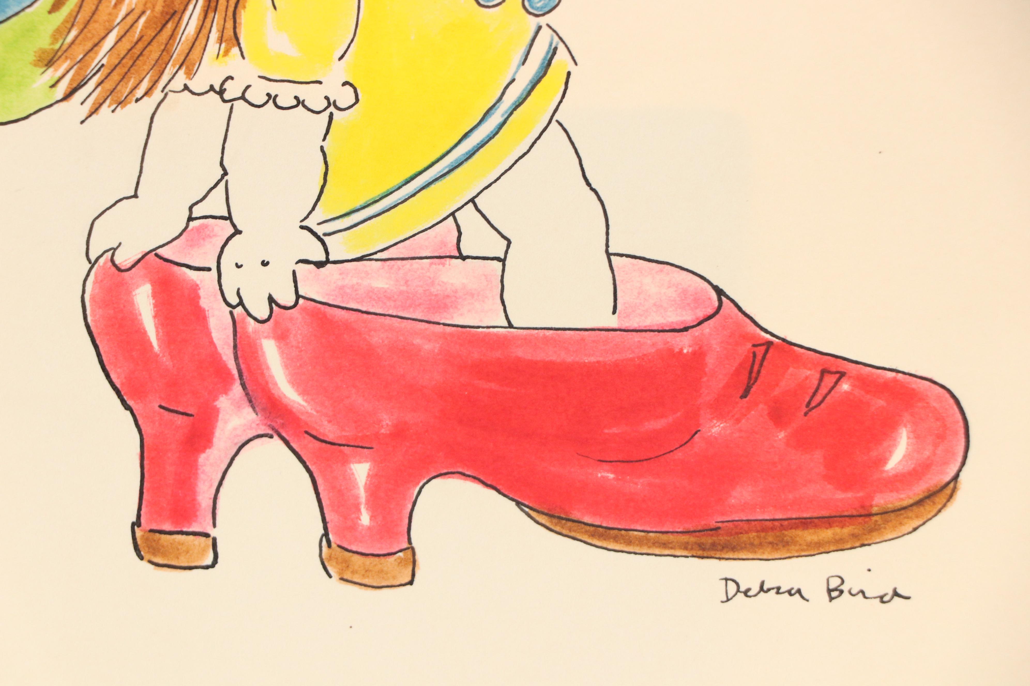 Debra Bird Cartoon Illustration of Girl in Over-Sized Hat and Shoes