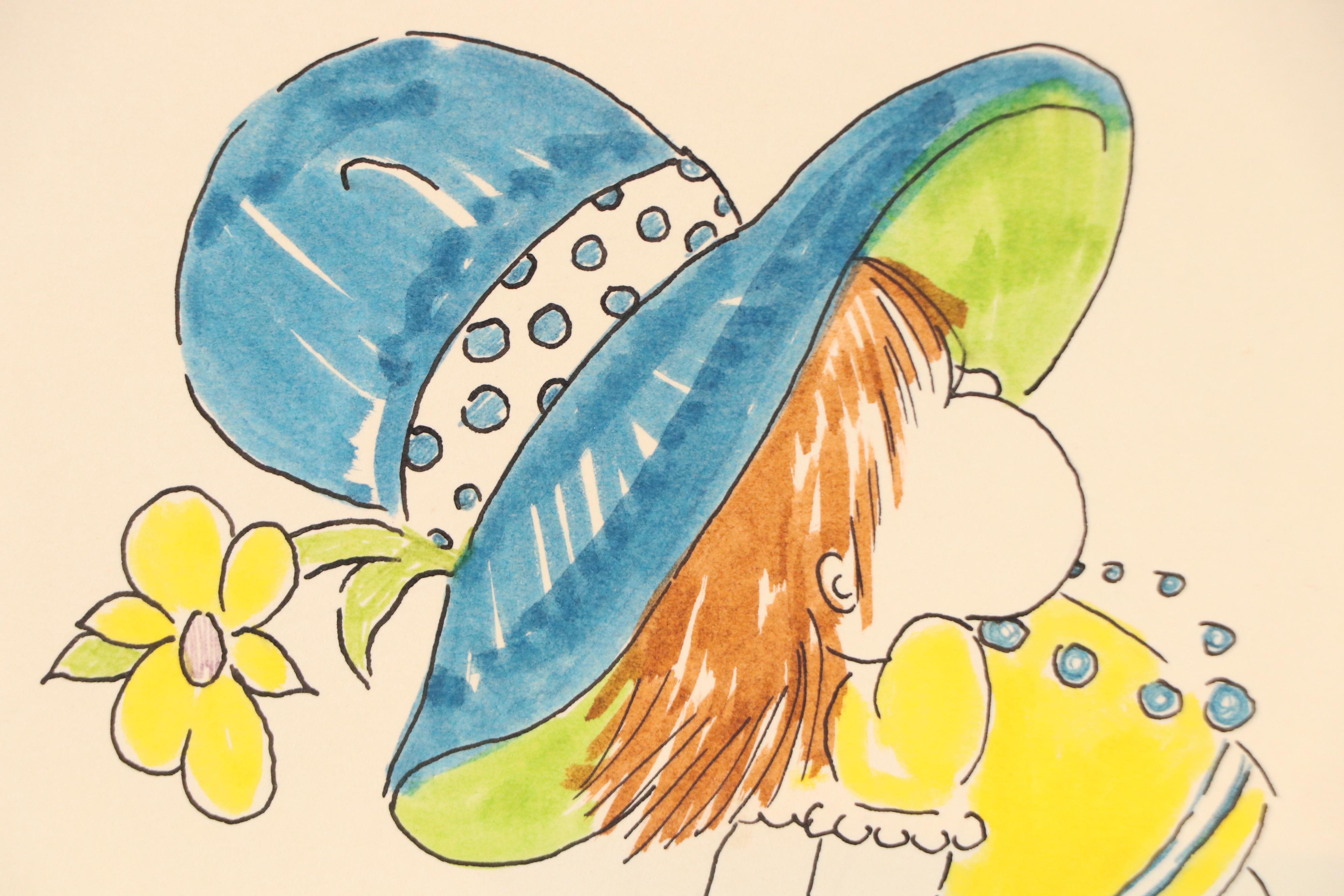 Debra Bird Cartoon Illustration of Girl in Over-Sized Hat and Shoes