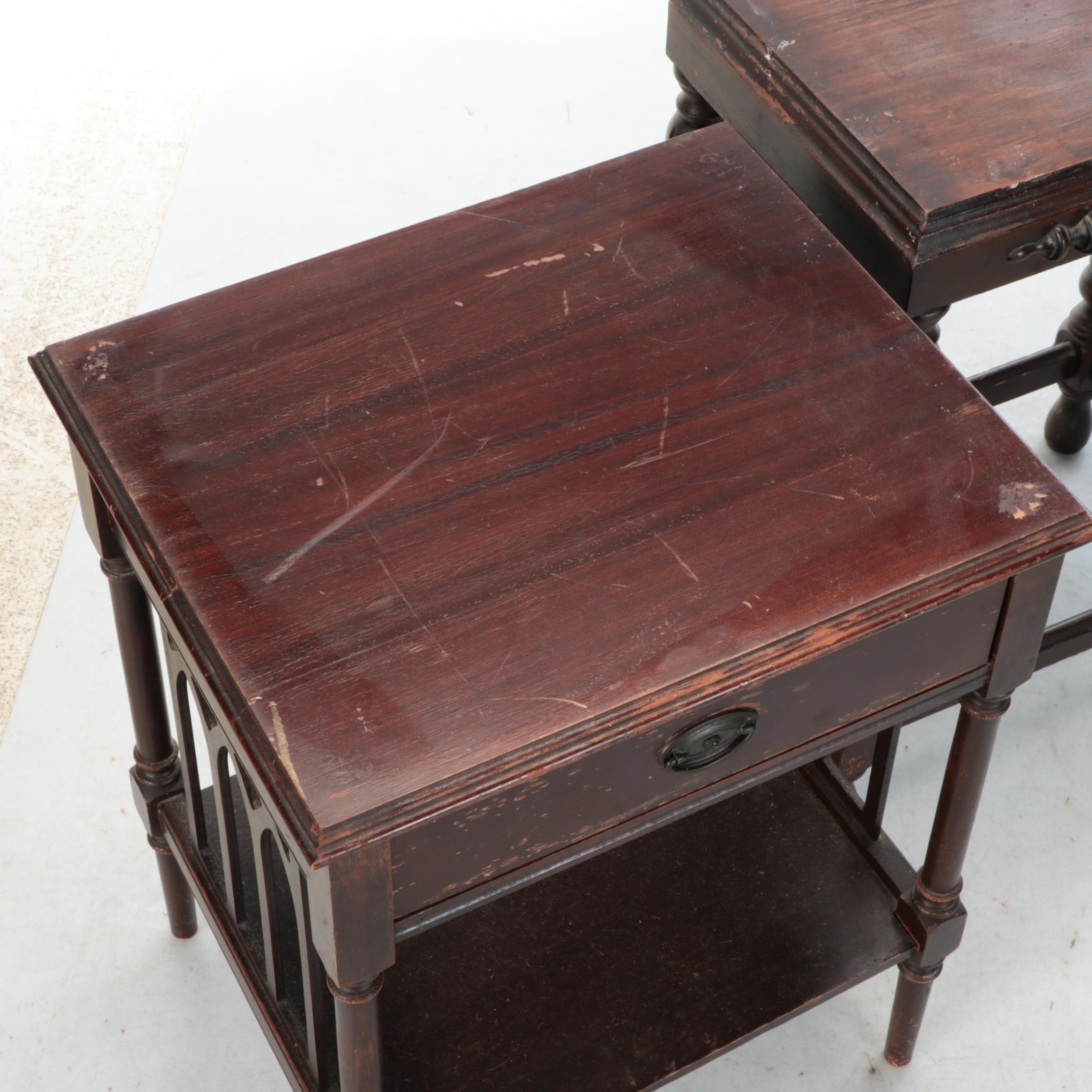 Jacobean Style Walnut Finish End Tables, 1930s