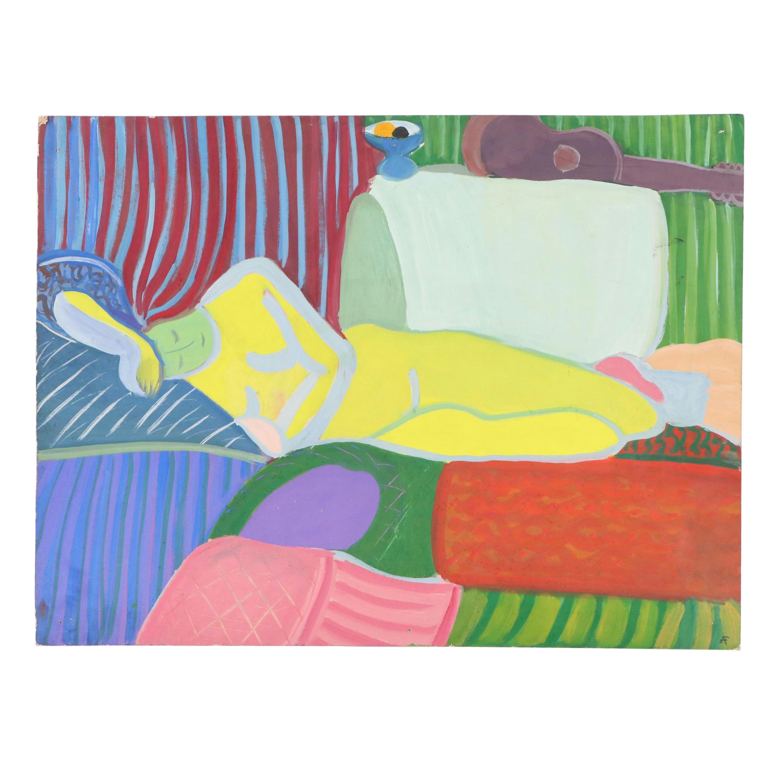 Stylized Acrylic Painting of Lounging Figure With Fruit Bowl and Guitar