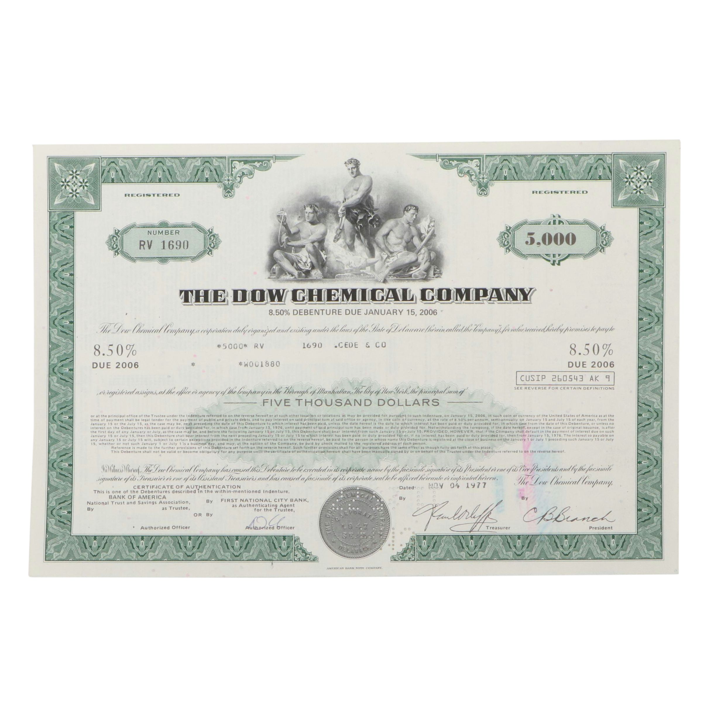 The Dow Chemical Company 5,000 Shares Stock Certificate, 1977