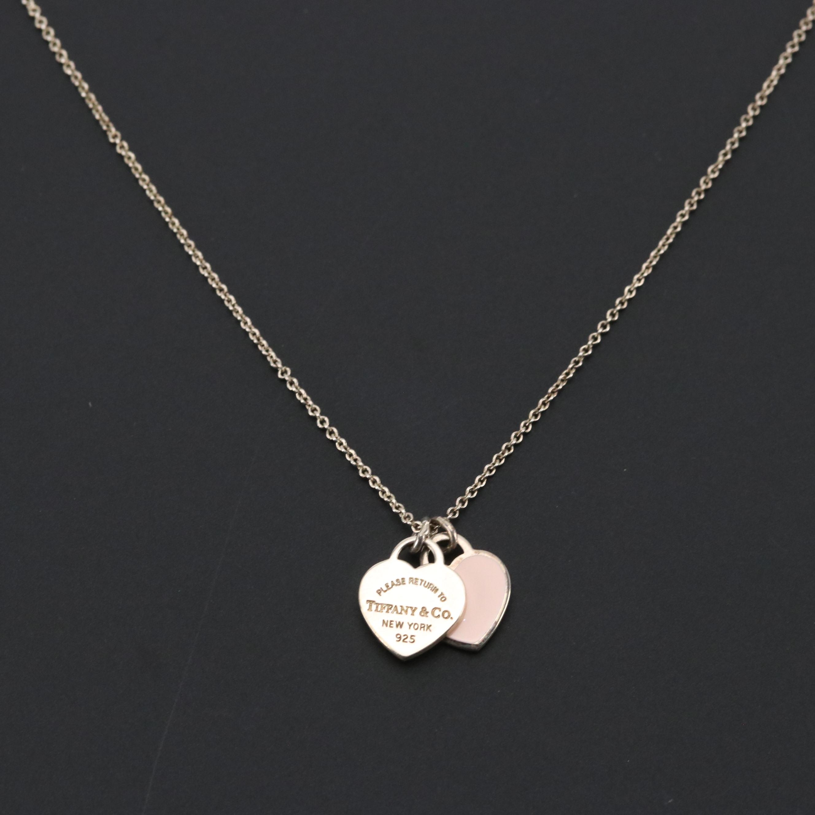 Tiffany & Co. Sterling "Return to Tiffany" & Pink Double Heart Pendant Necklace
