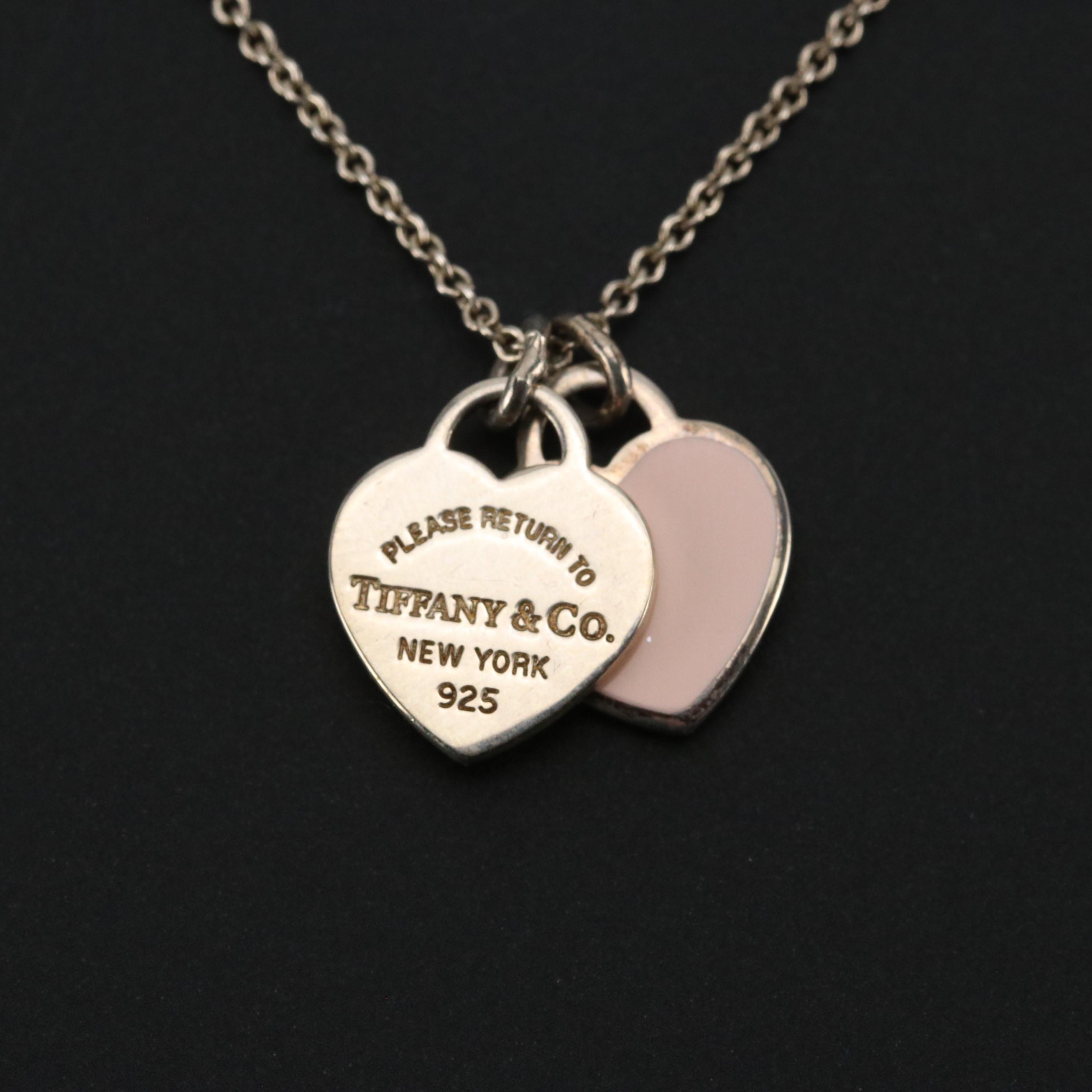 Tiffany & Co. Sterling "Return to Tiffany" & Pink Double Heart Pendant Necklace