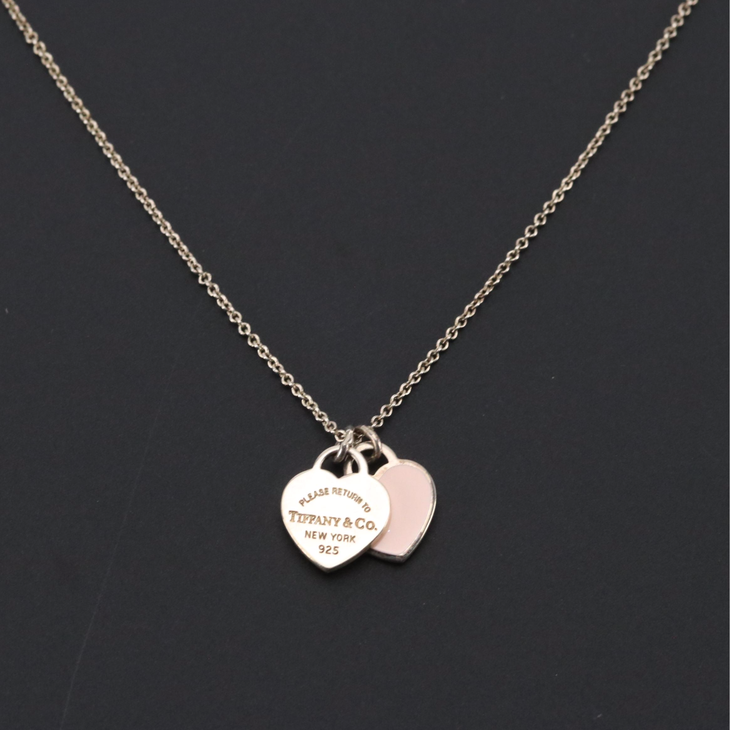 Tiffany & Co. Sterling "Return to Tiffany" & Pink Double Heart Pendant Necklace