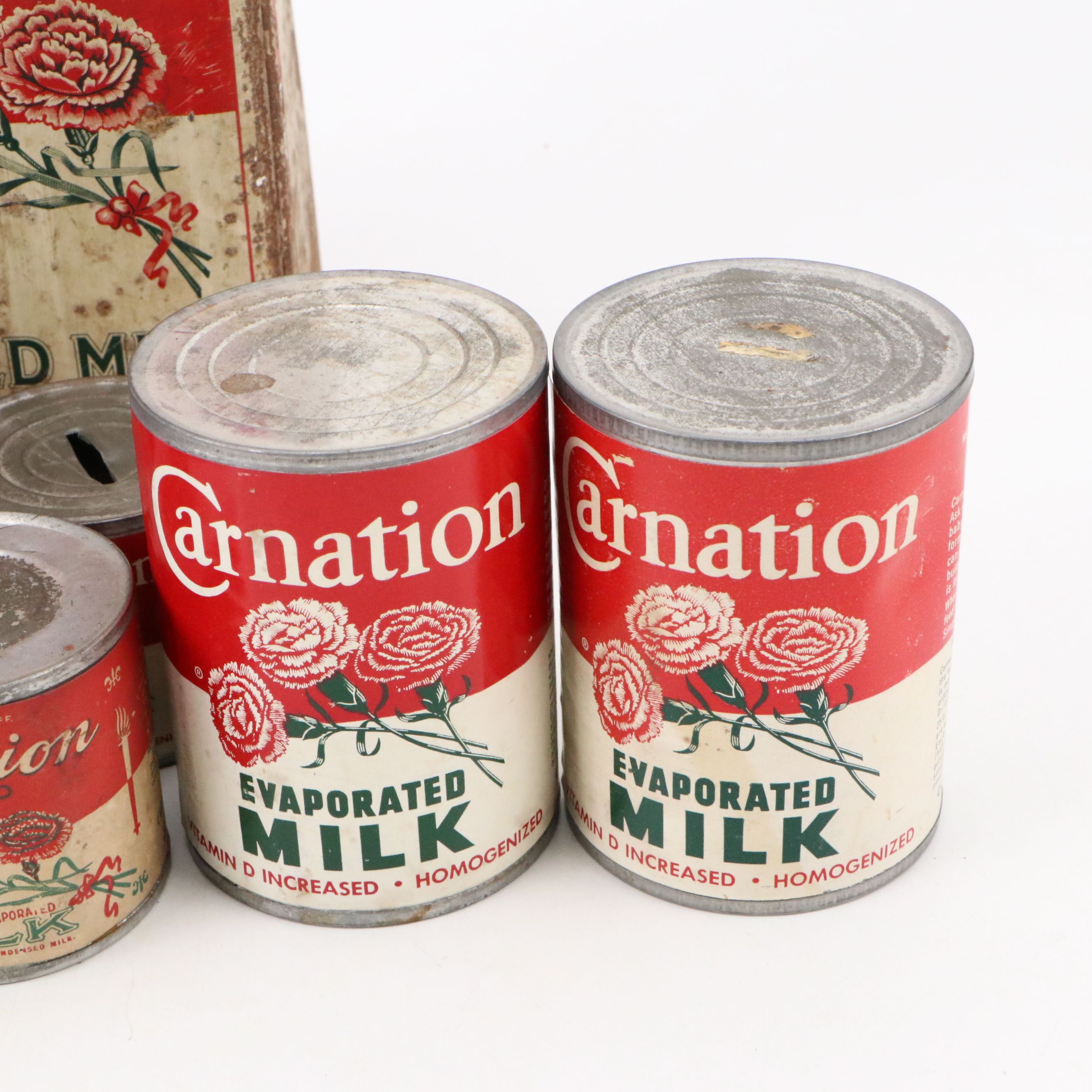 Carnation Evaporated Milk Coin Banks, Tin and Ice Cream Scoops, Mid-20th Century