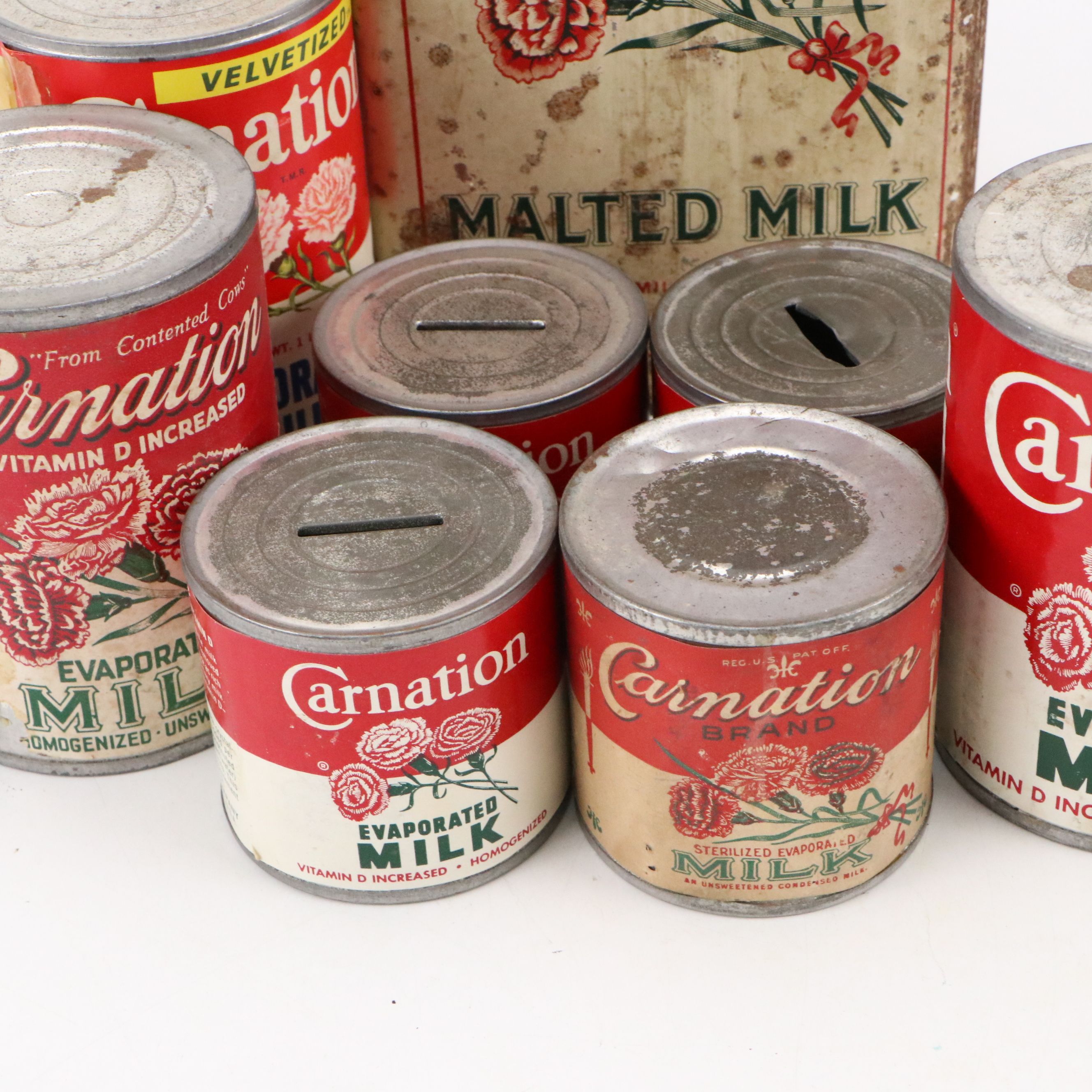 Carnation Evaporated Milk Coin Banks, Tin and Ice Cream Scoops, Mid-20th Century
