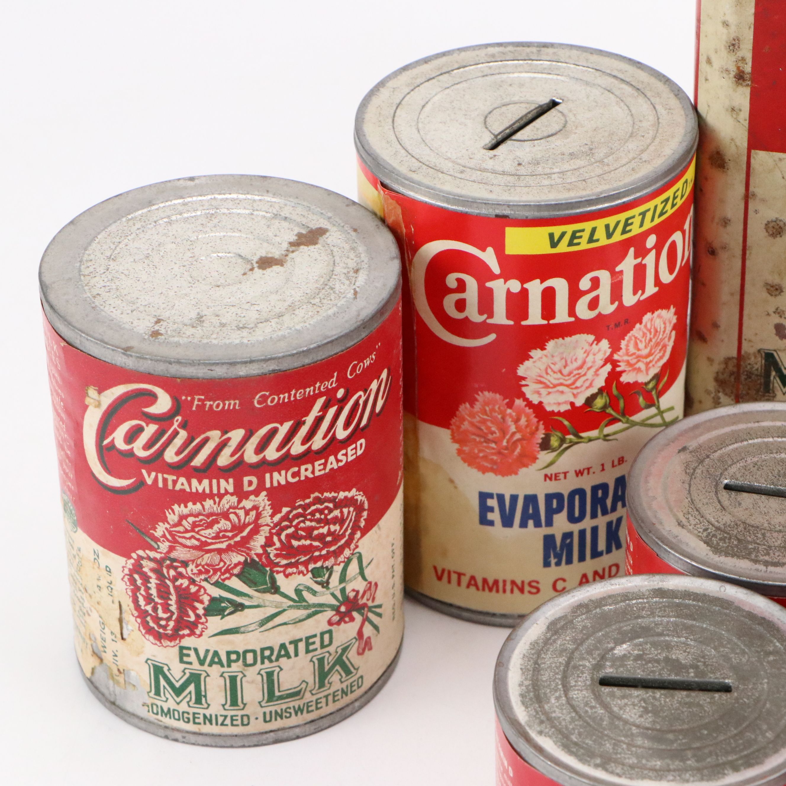 Carnation Evaporated Milk Coin Banks, Tin and Ice Cream Scoops, Mid-20th Century