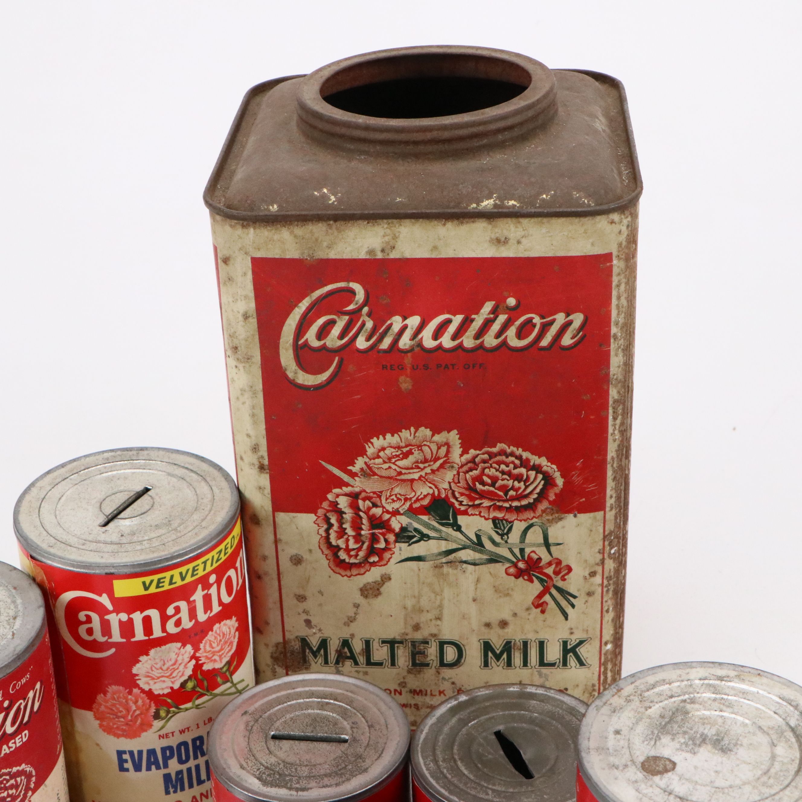 Carnation Evaporated Milk Coin Banks, Tin and Ice Cream Scoops, Mid-20th Century