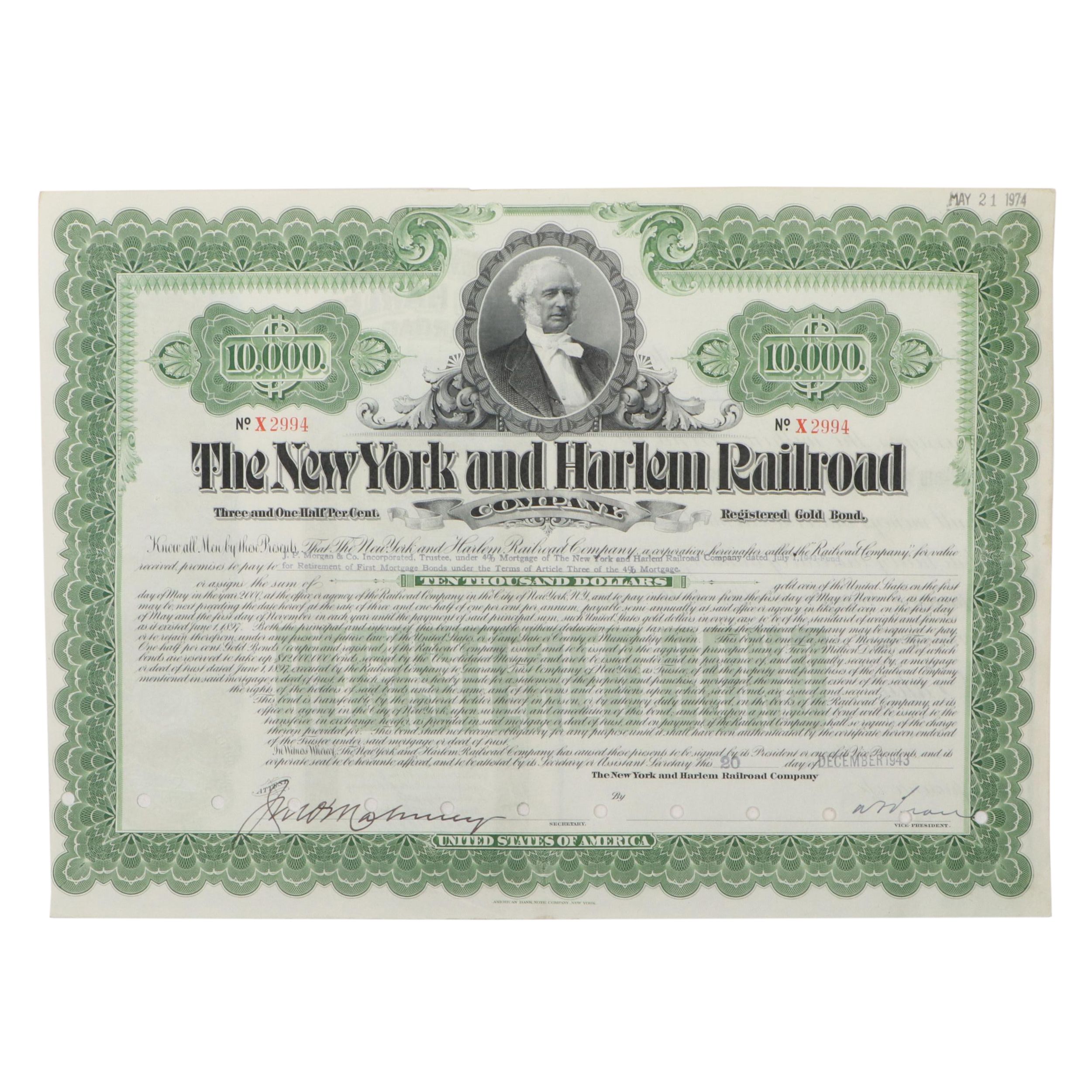 The New York and Harlem Railroad 10,000 Shares Stock Certificate, 1947