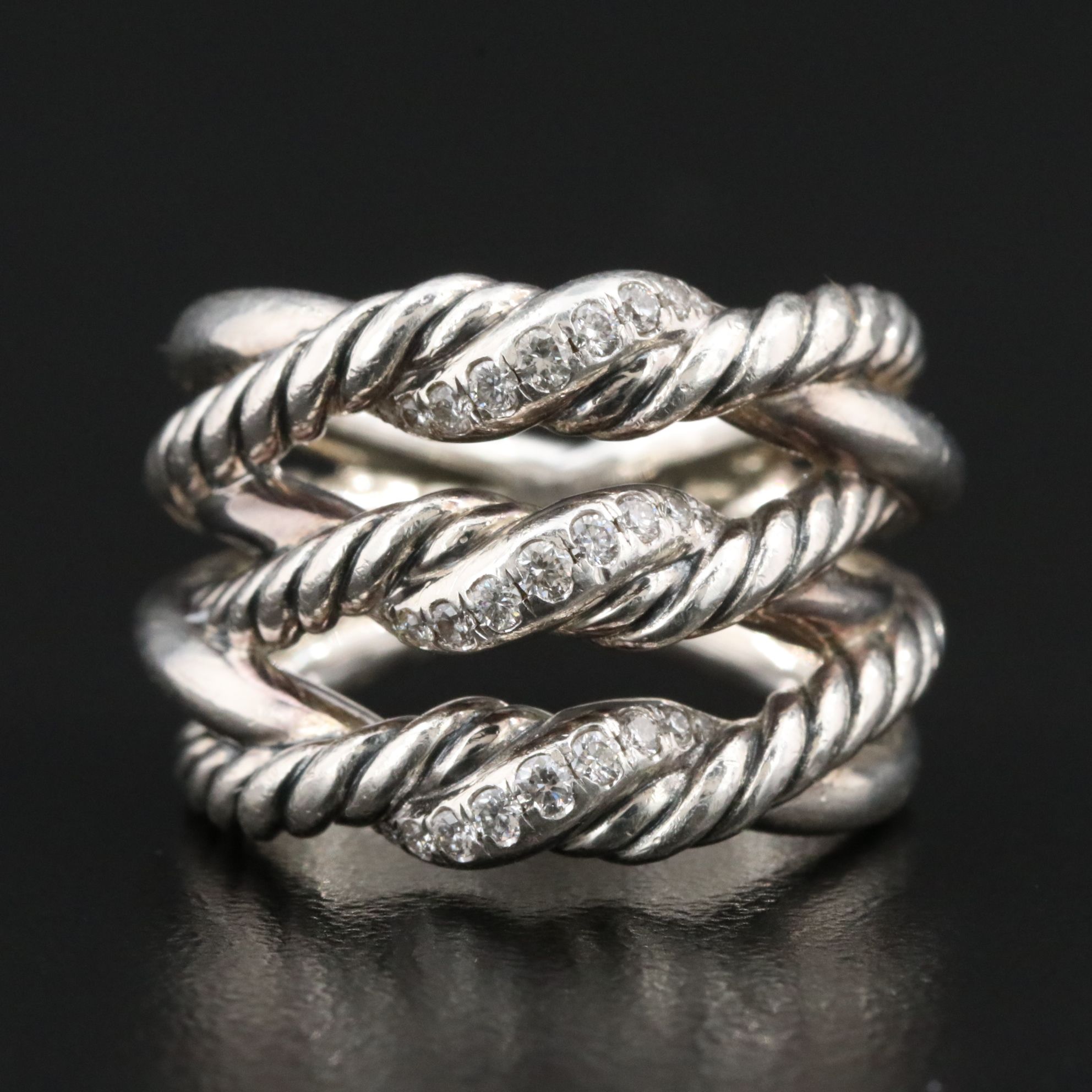 David Yurman Continuance Sterling and Diamond Triple Row Ring