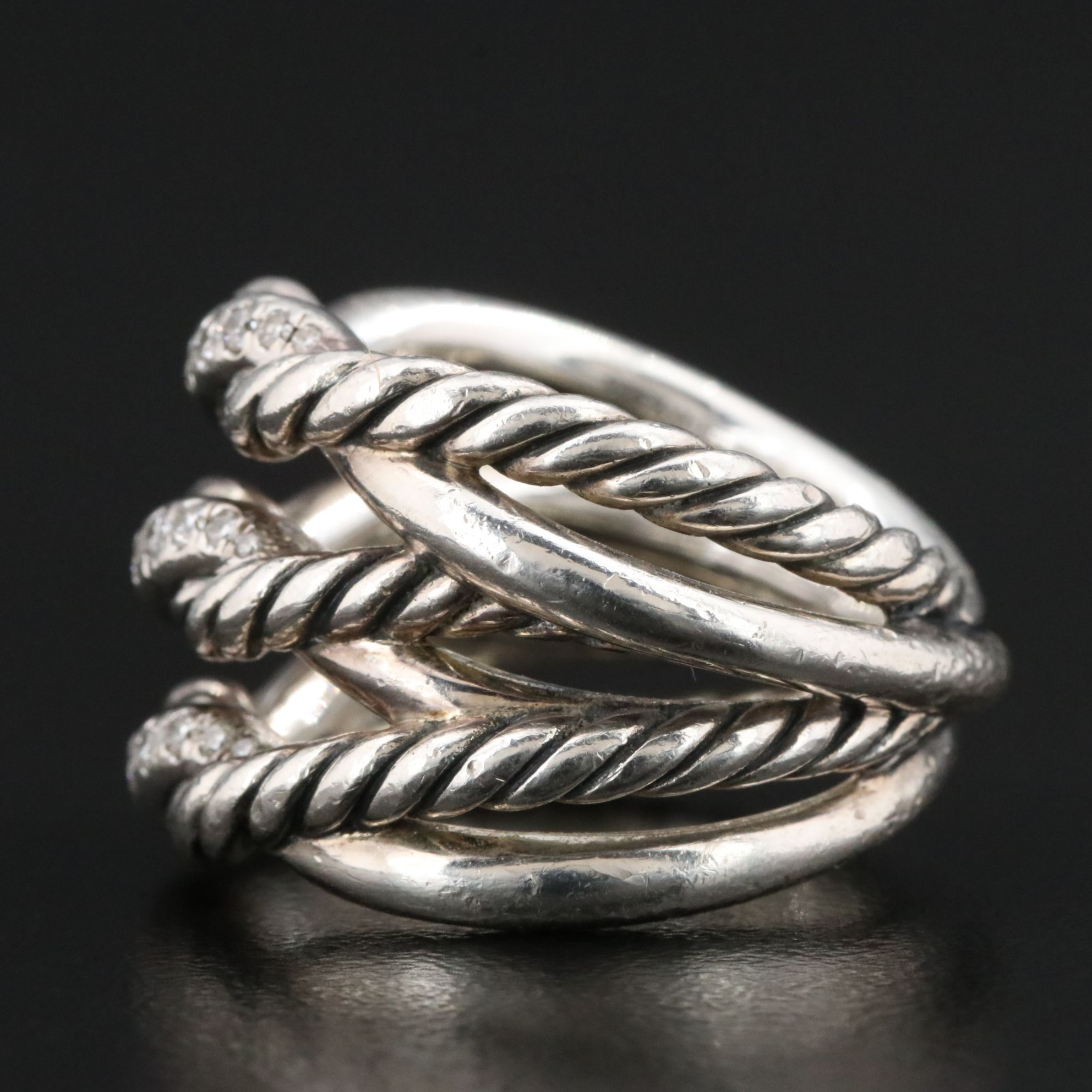 David Yurman Continuance Sterling and Diamond Triple Row Ring