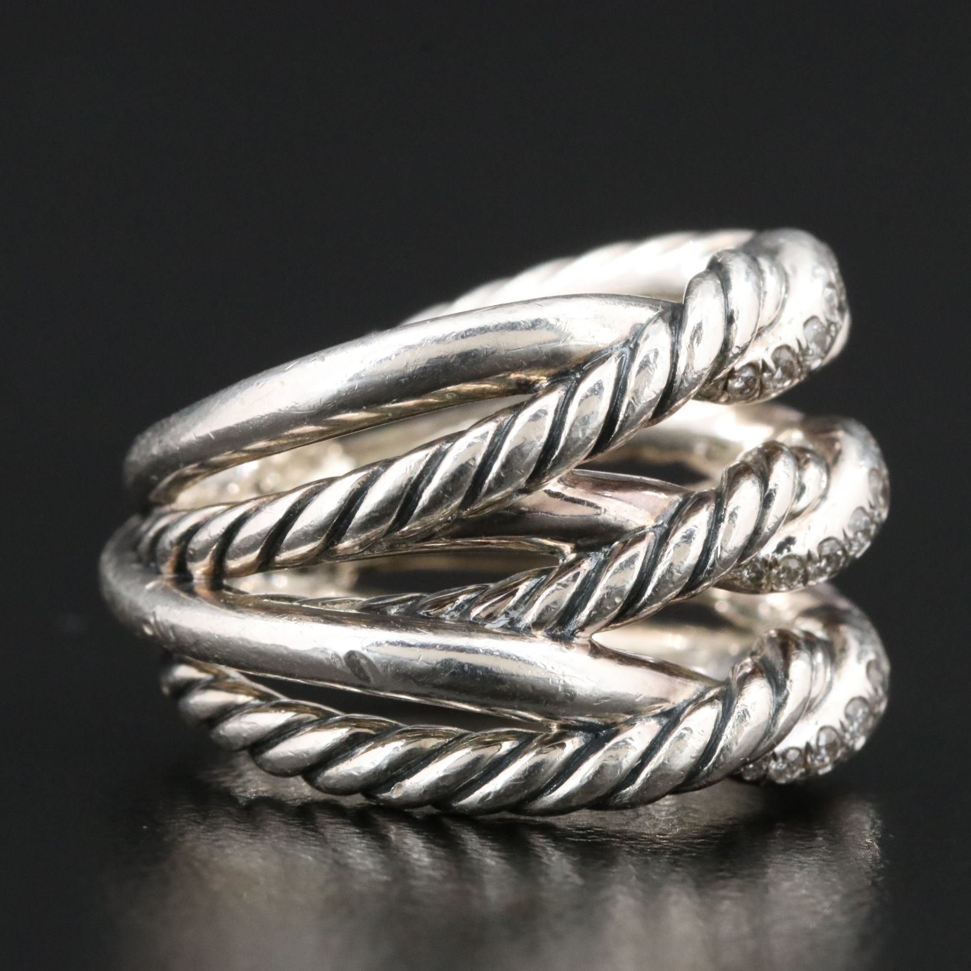 David Yurman Continuance Sterling and Diamond Triple Row Ring