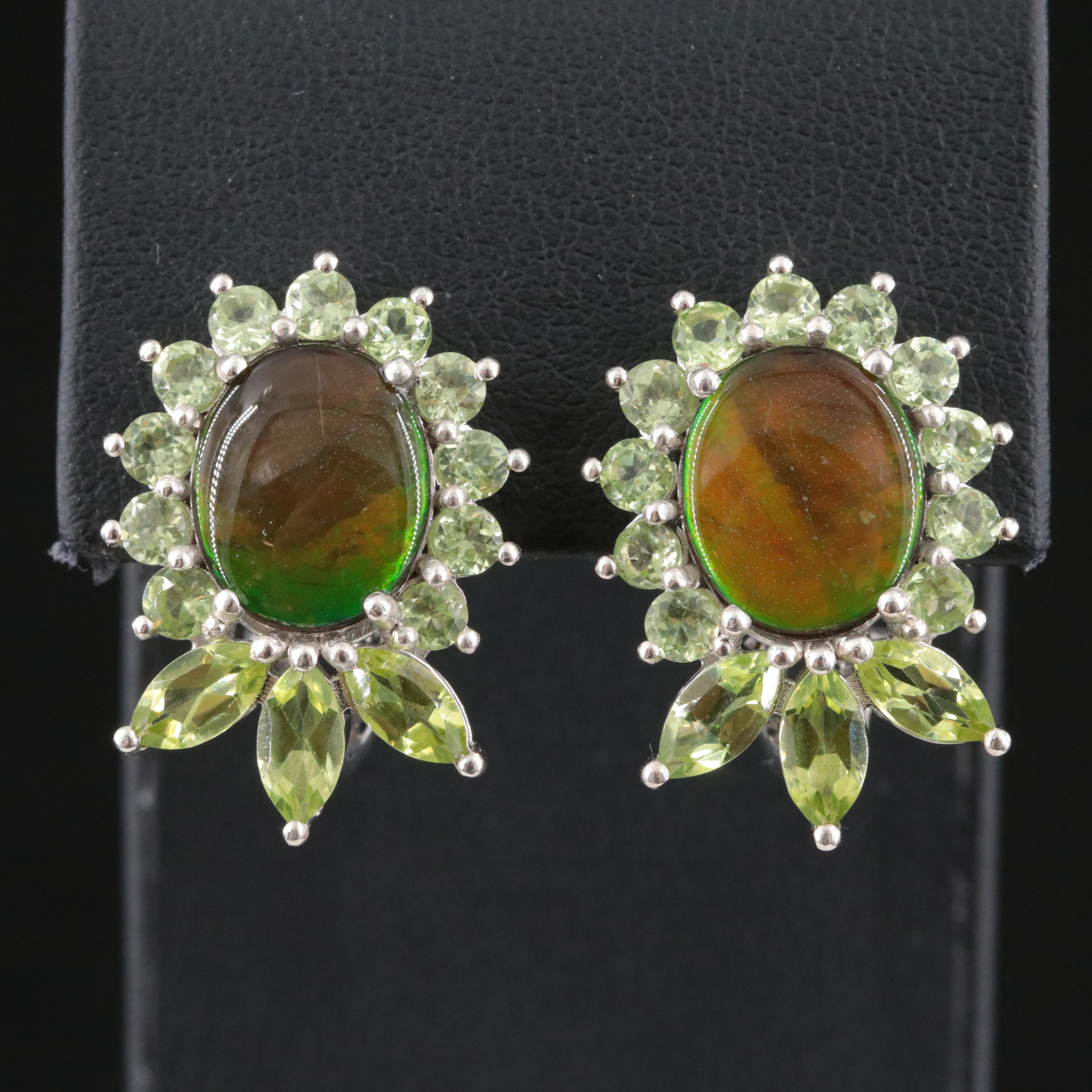 Sterling Ammolite Triplet and Peridot Drop Earrings