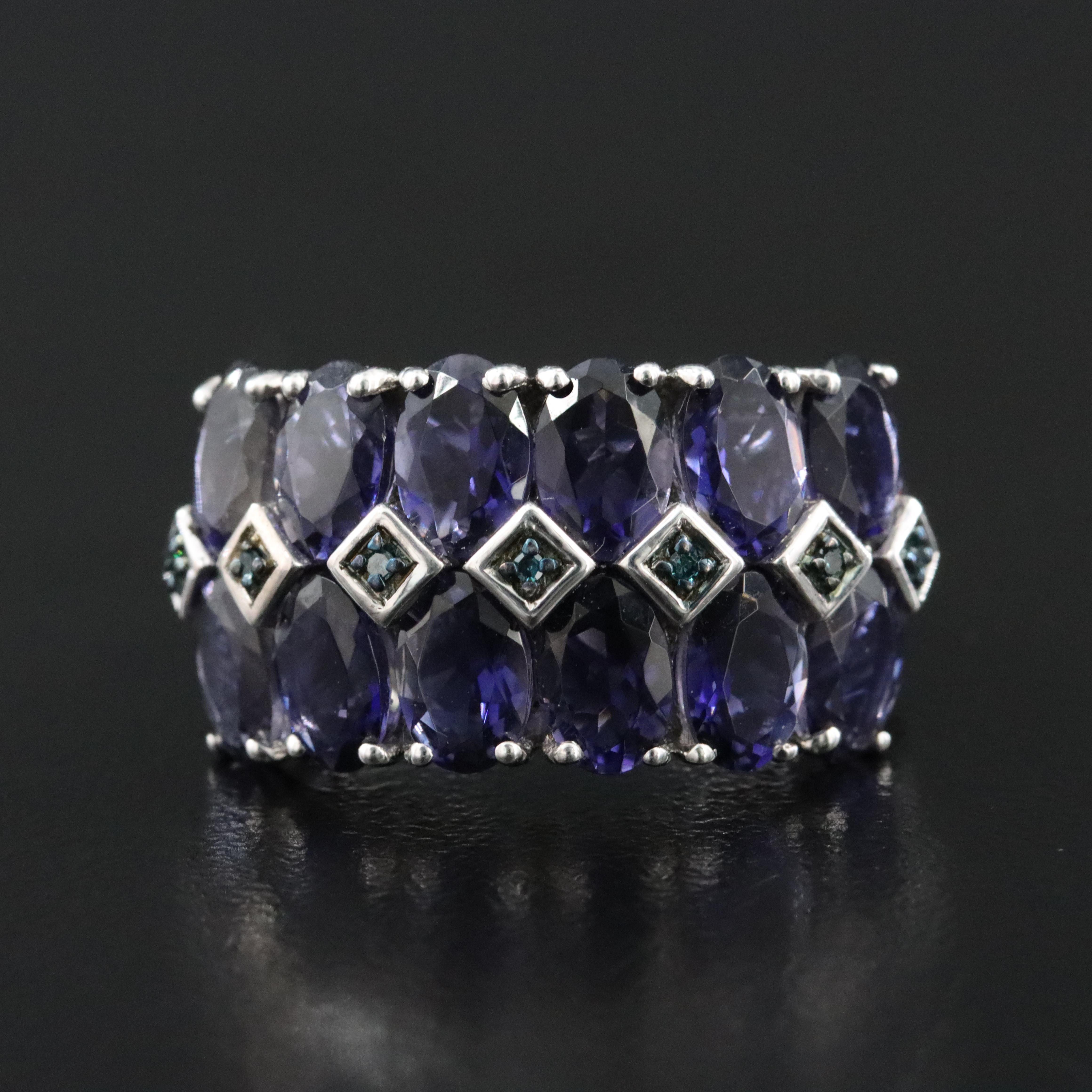 Sterling Iolite Fancy Blue Diamond Cluster Ring