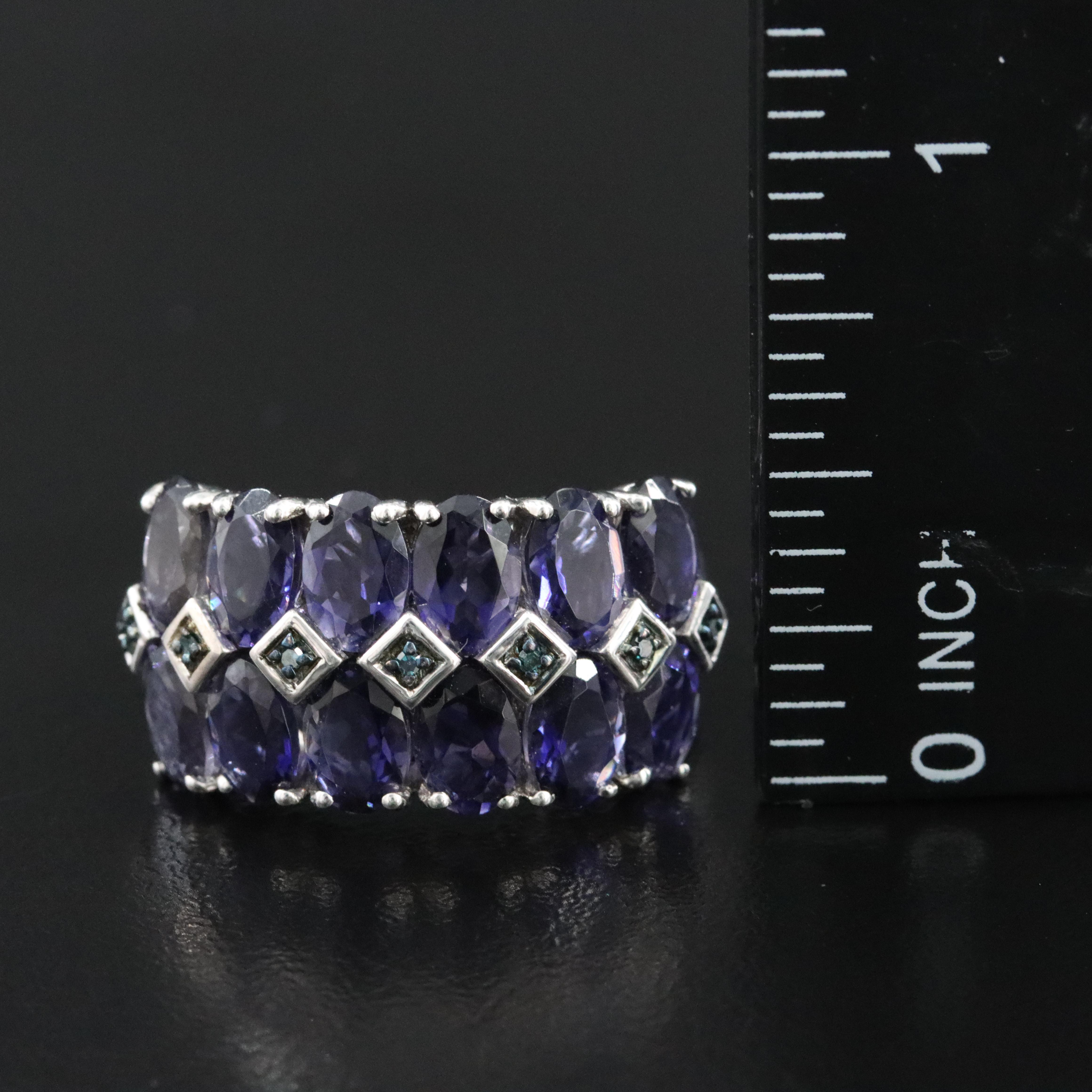 Sterling Iolite Fancy Blue Diamond Cluster Ring