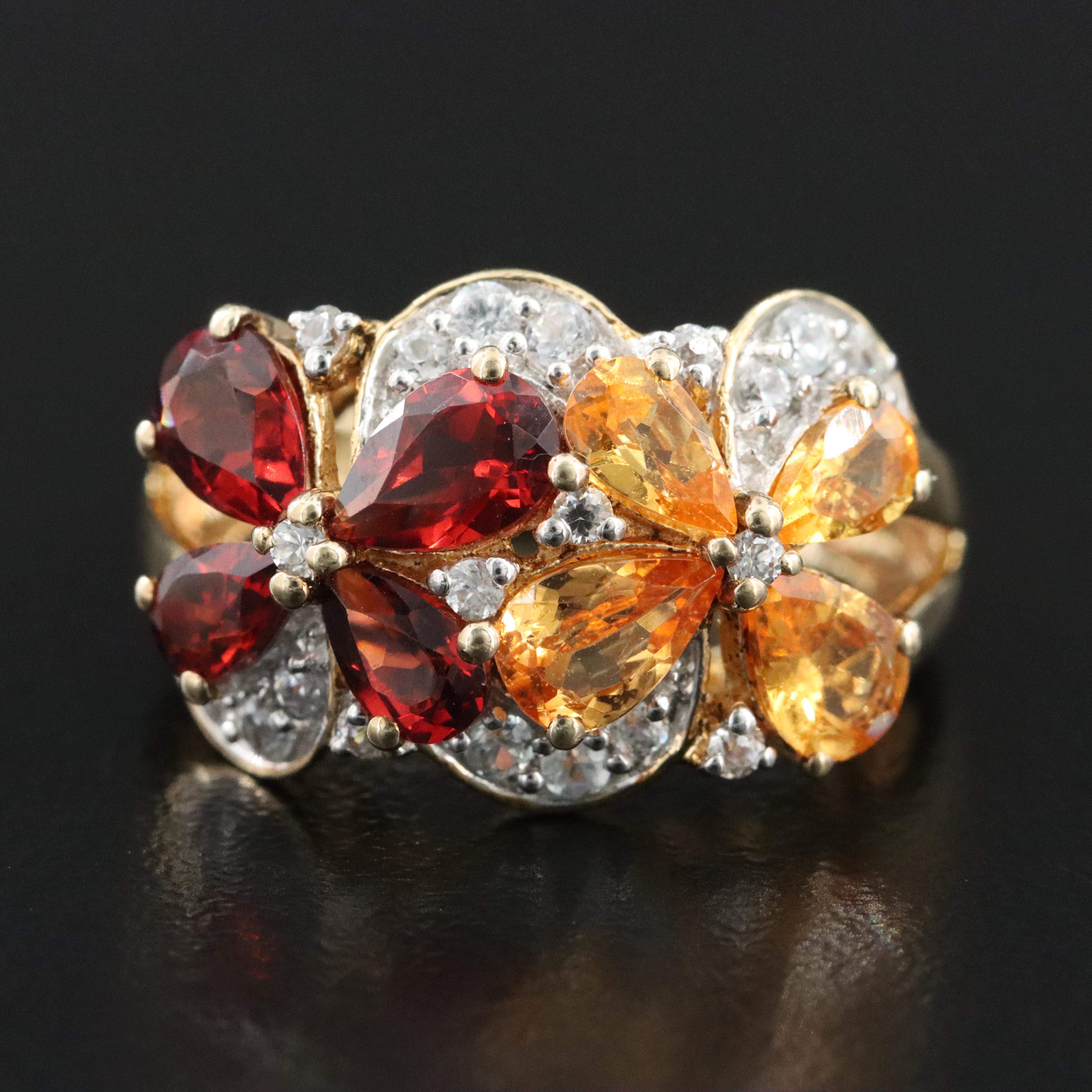 Sterling Citrine, Garnet and White Topaz Floral Cluster Ring