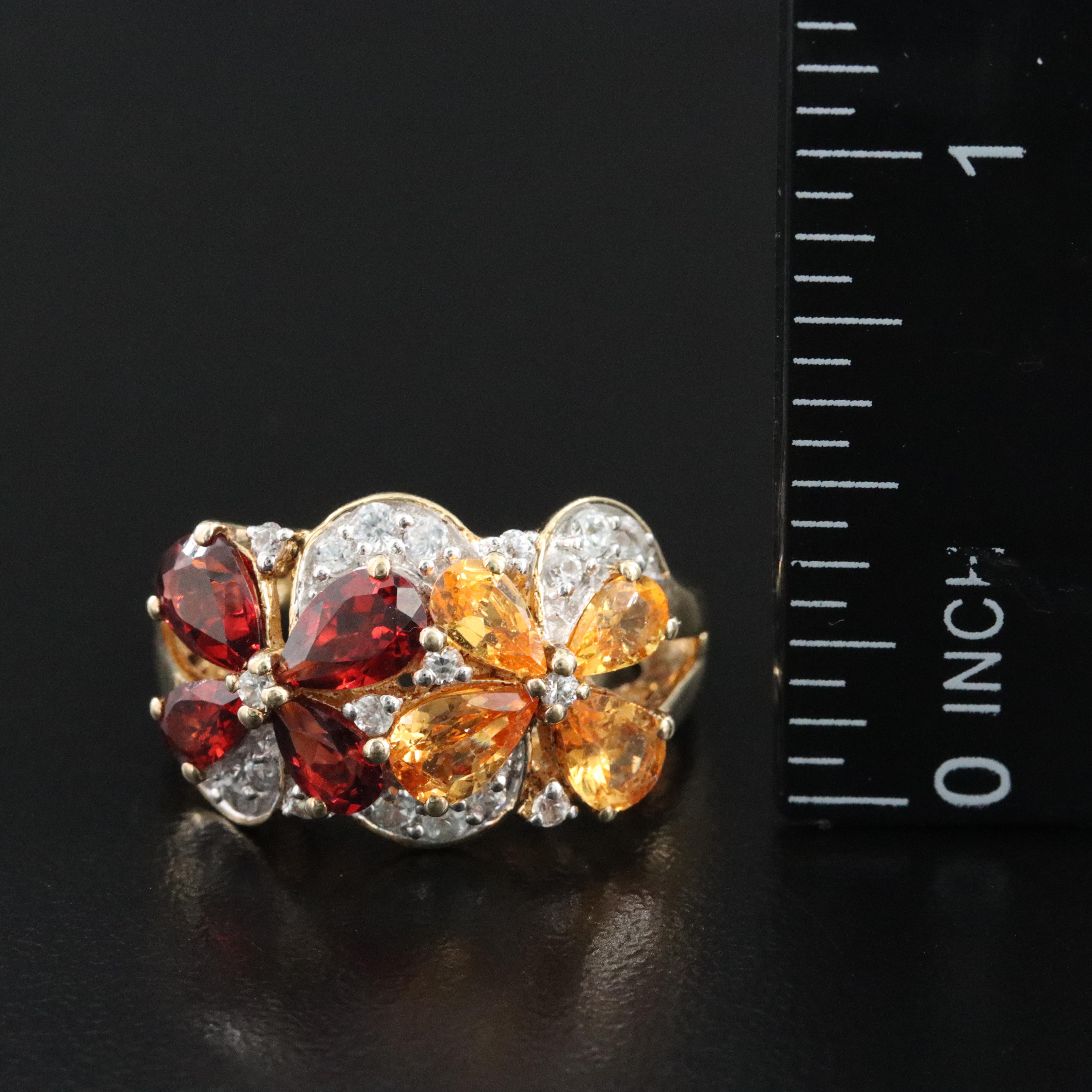Sterling Citrine, Garnet and White Topaz Floral Cluster Ring