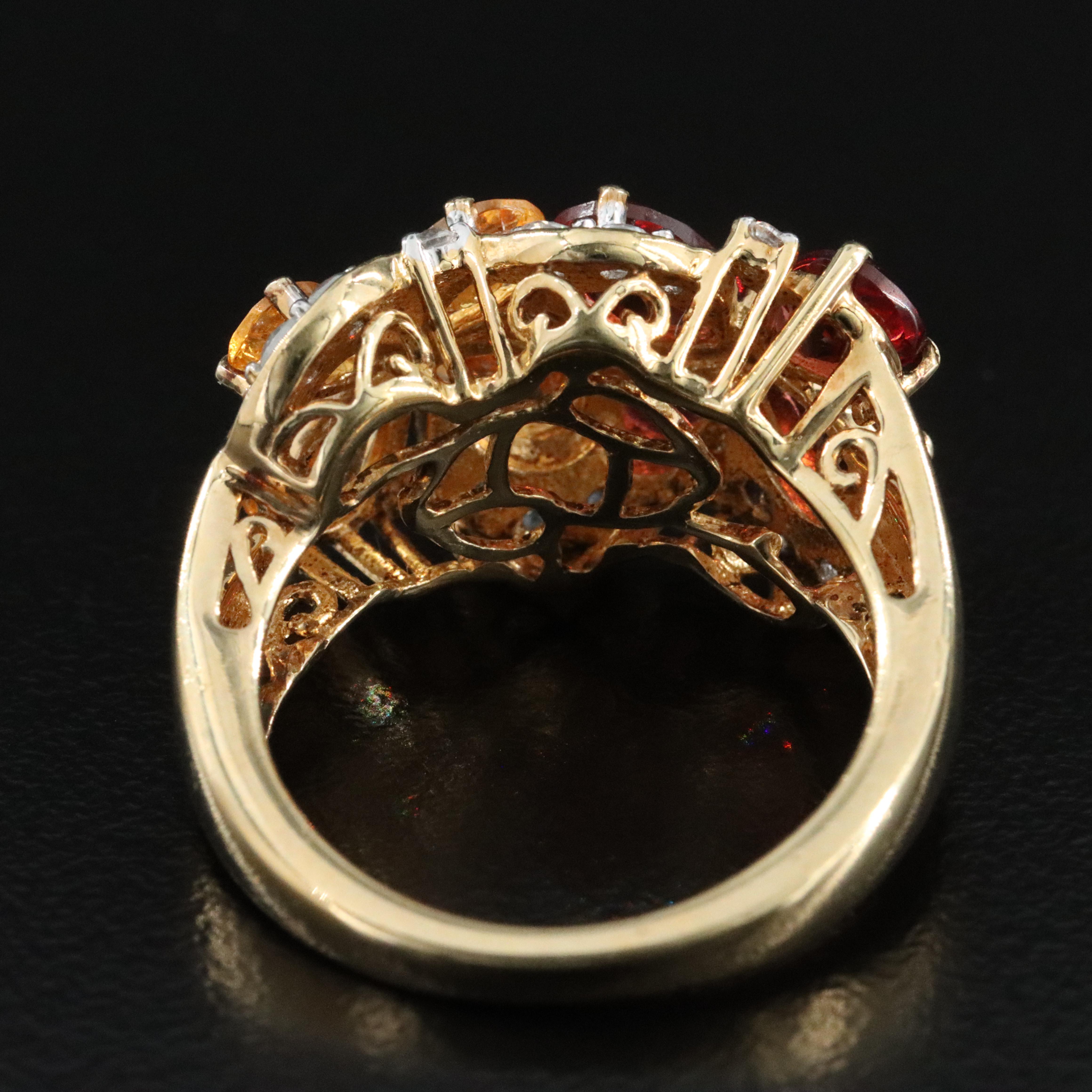 Sterling Citrine, Garnet and White Topaz Floral Cluster Ring