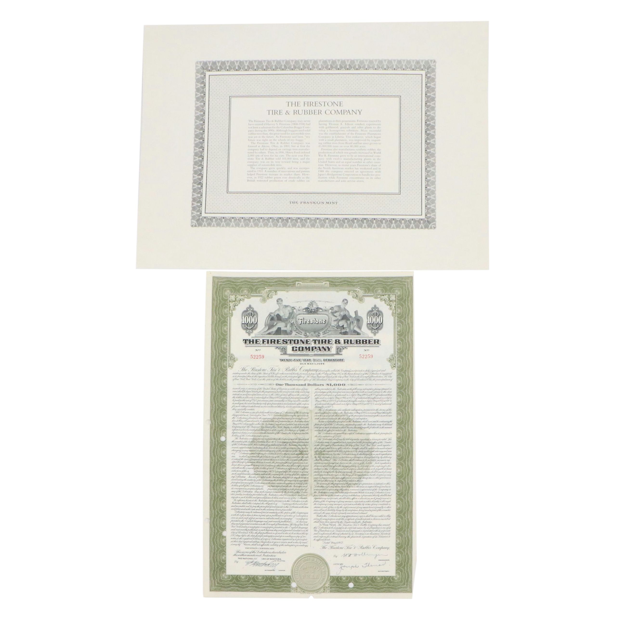 The Firestone Tire & Rubber Company 1,000 Shares Stock Certificate, 1952