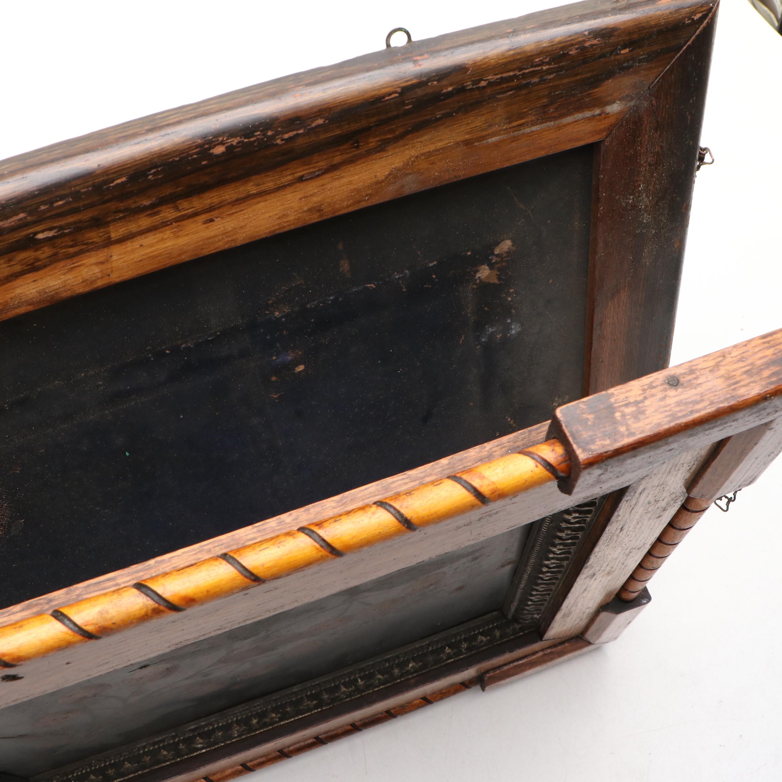 Victorian Carved Oak and Painted Tin Wall Pocket, Late 19th Century