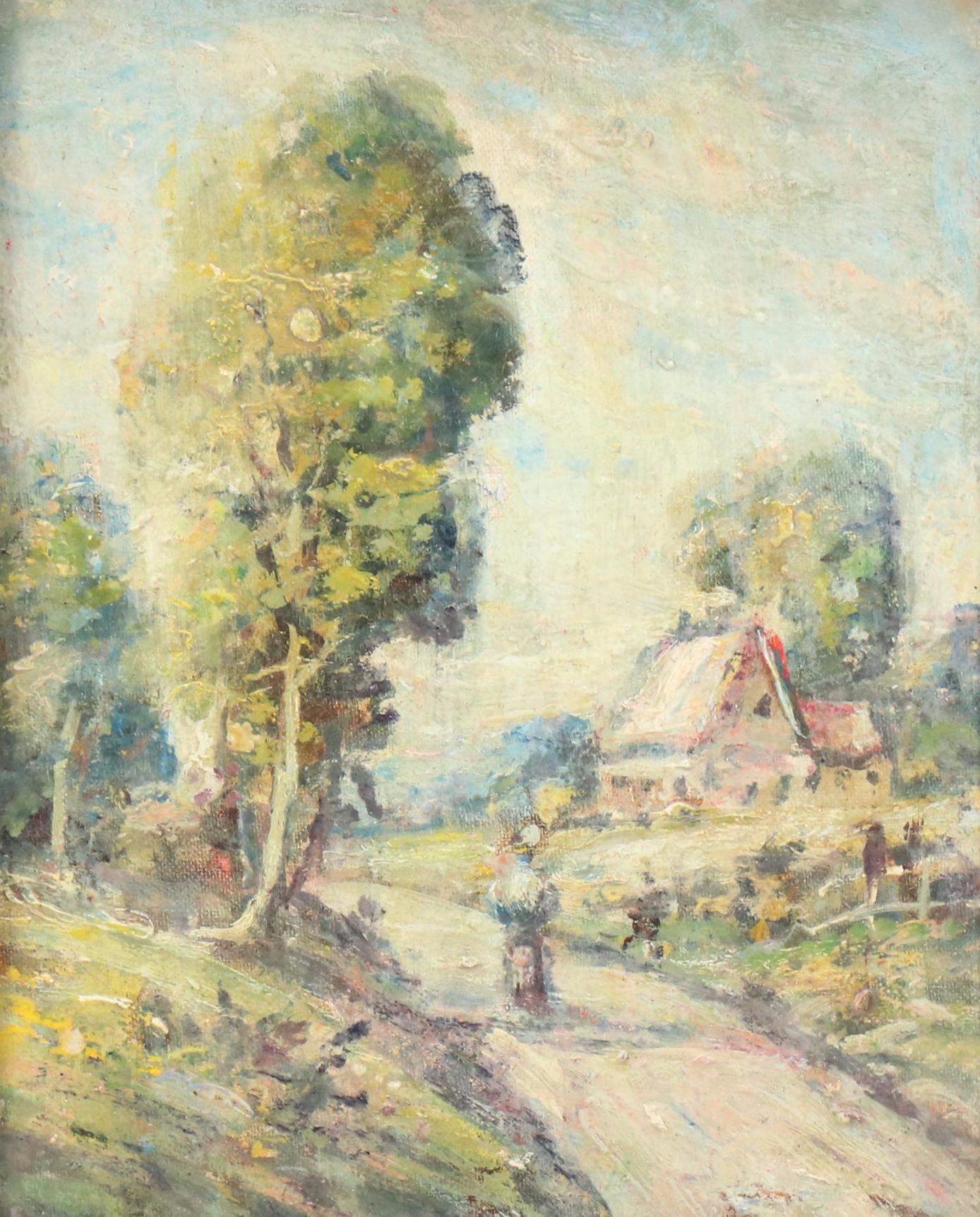 Landscape Oil Painting of Tree Next to Rural Road, Mid-20th C.
