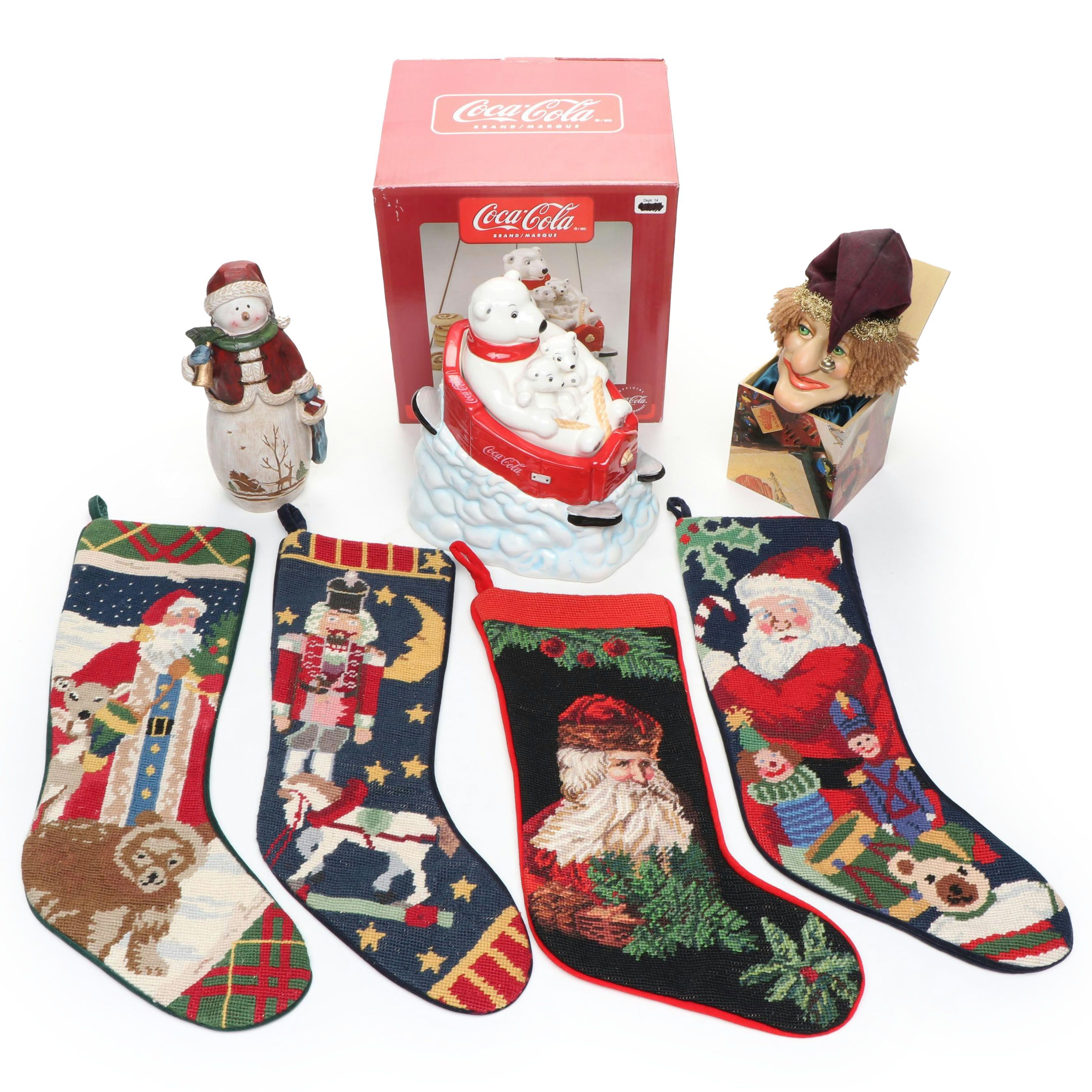Needlepoint Faced Christmas Stockings with Other Holiday Decorations