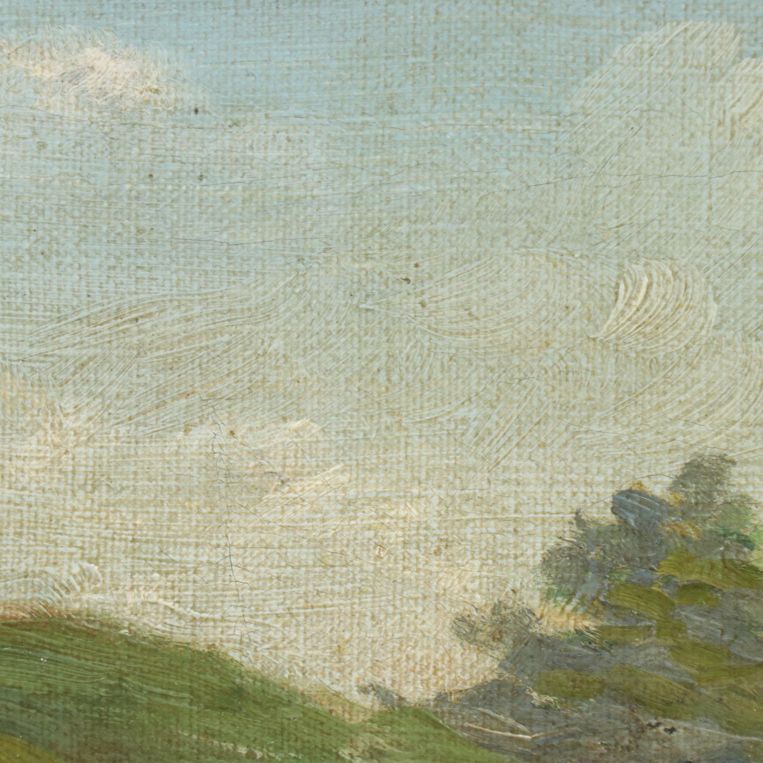 A. Viverge Landscape Oil Painting of Water Bearer at Pond, 1896