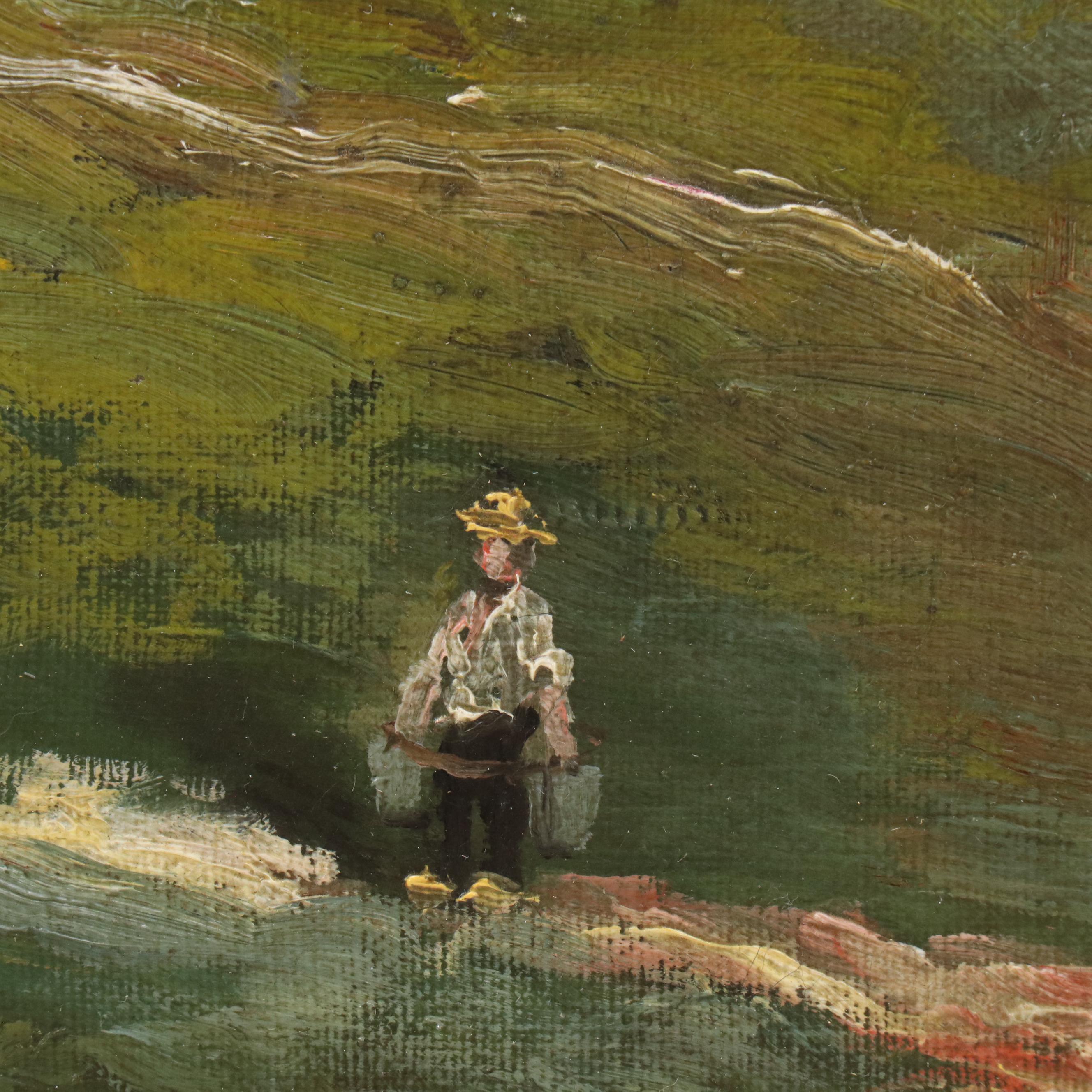 A. Viverge Landscape Oil Painting of Water Bearer at Pond, 1896