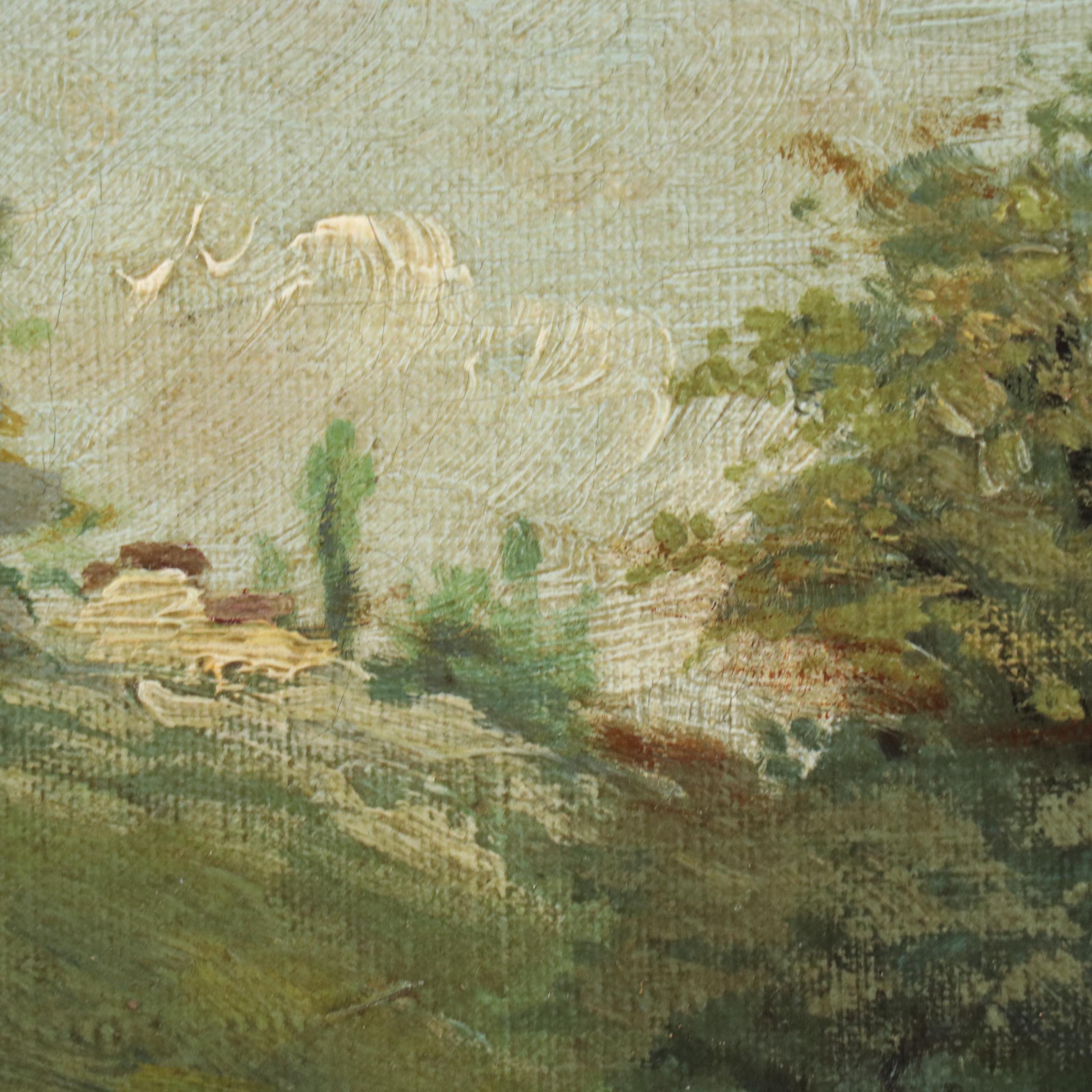 A. Viverge Landscape Oil Painting of Water Bearer at Pond, 1896