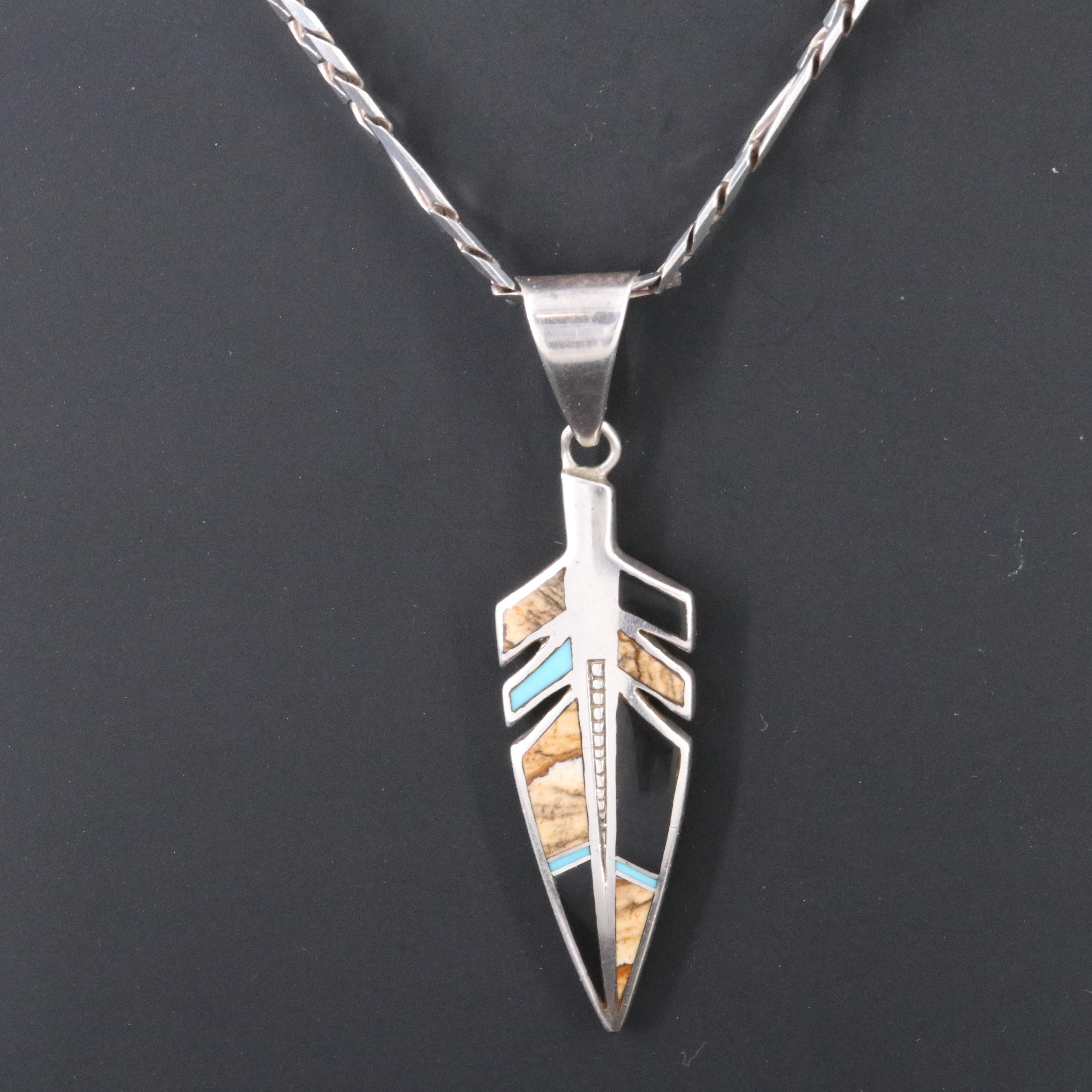 Southwestern Signed Sterling Jasper, Turquoise and Black Onyx Pendant Necklace