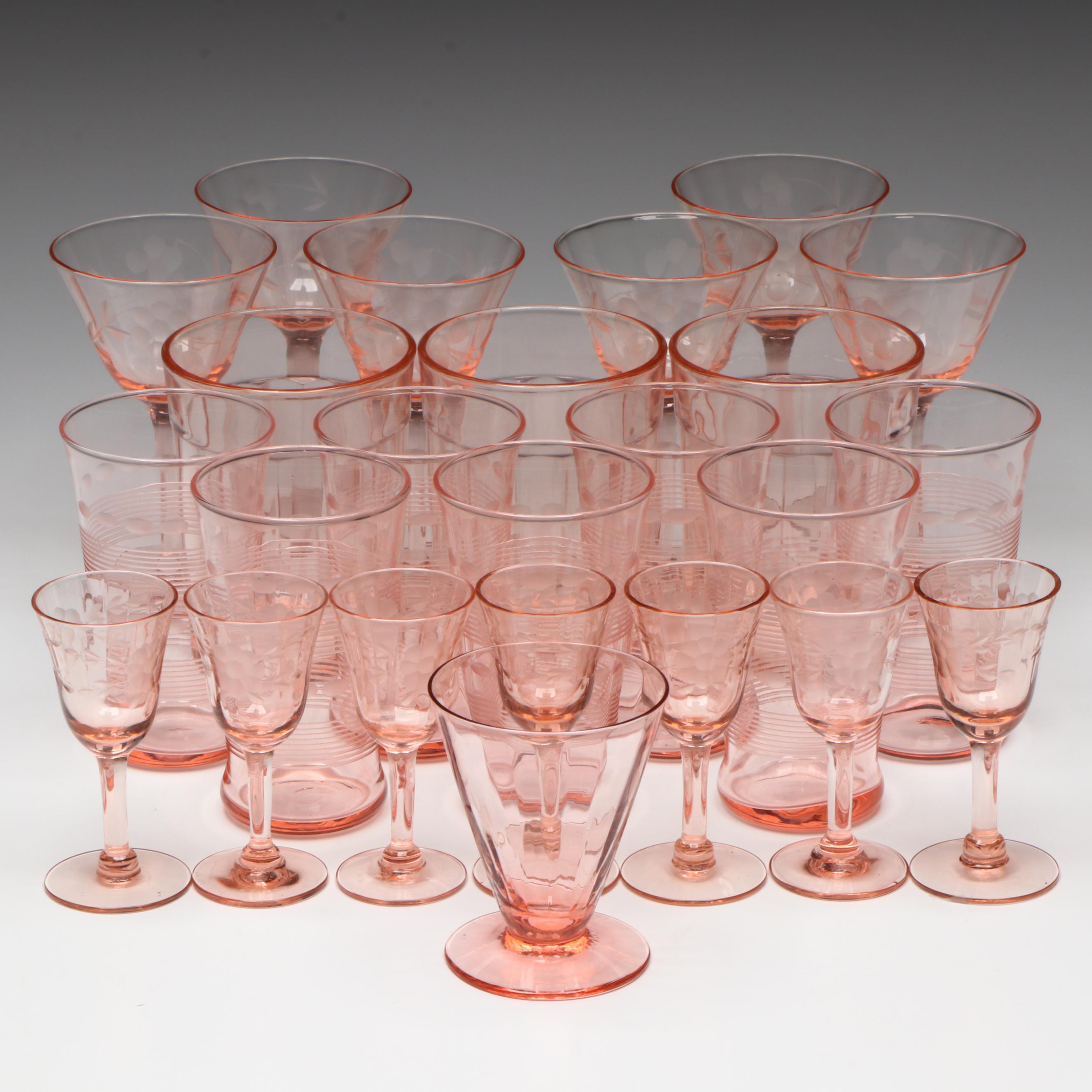 Vintage Etched Pink Glass Tumblers and Cordial Glasses