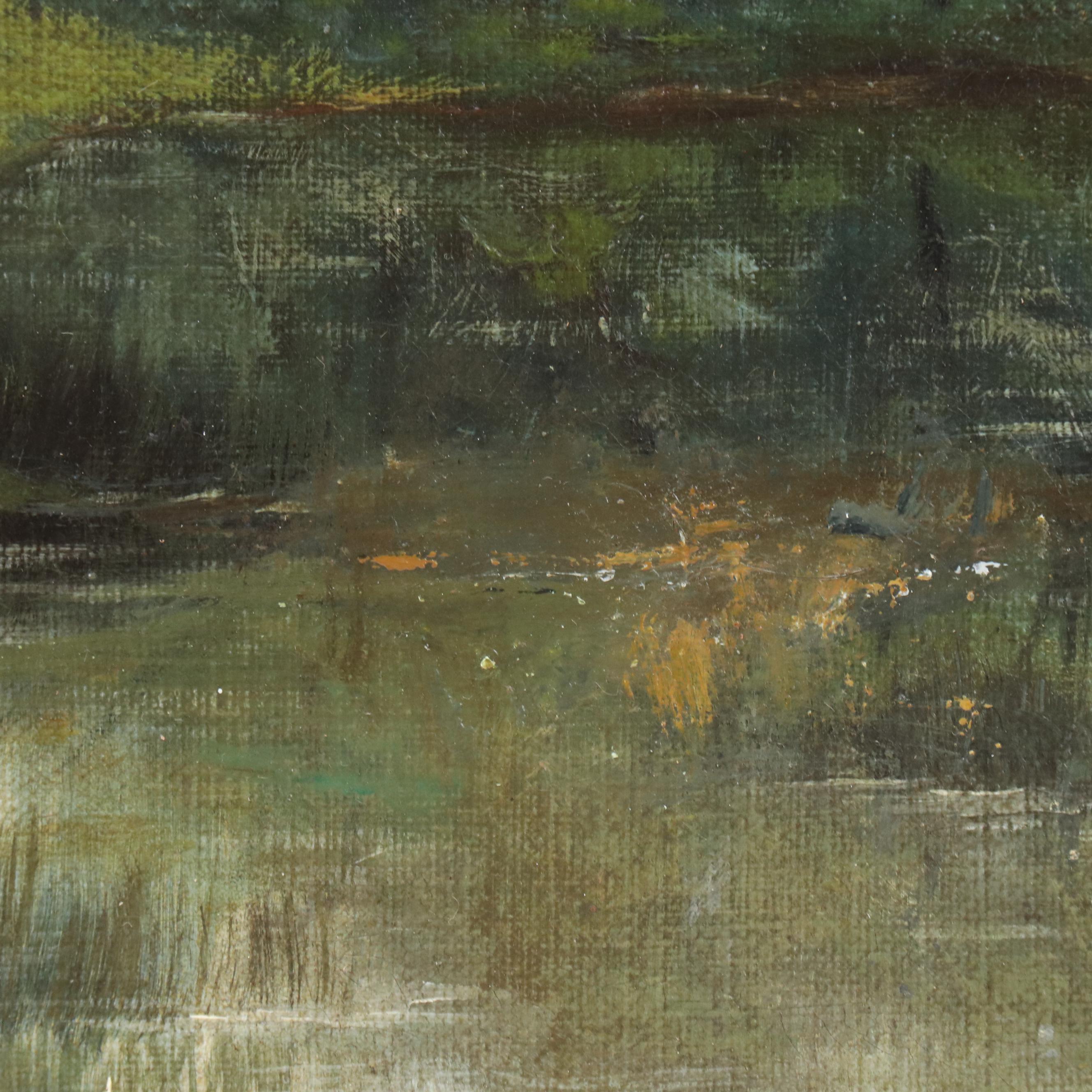 A. Viverge Landscape Oil Painting of Water Bearer at Pond, 1896